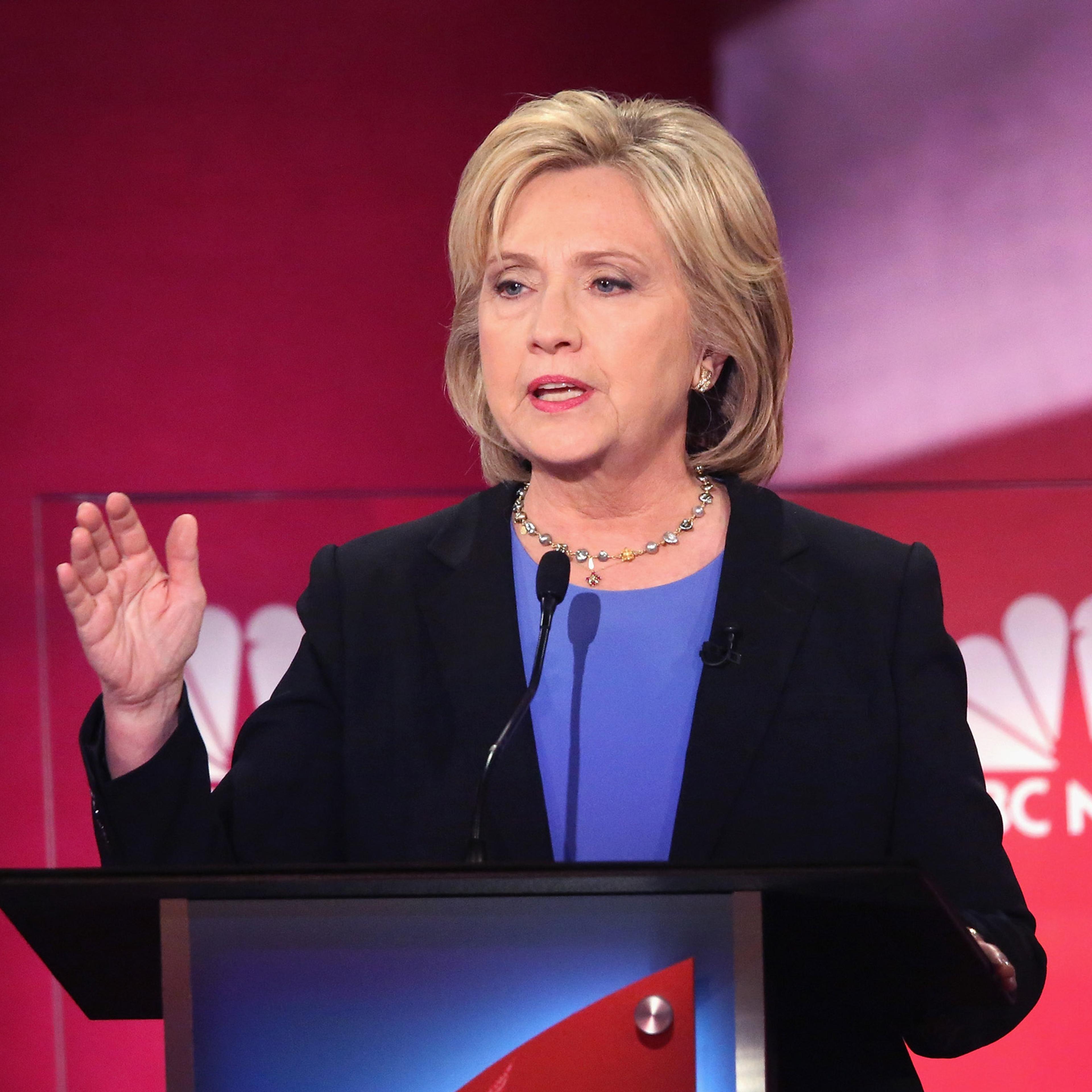CHARLESTON, SC - JANUARY 17: Democratic presidential candidate Hillary Clinton participates in the Democratic Candidates Debate hosted by NBC News and YouTube on January 17, 2016 in Charleston, South Carolina. This is the final debate for the Democratic