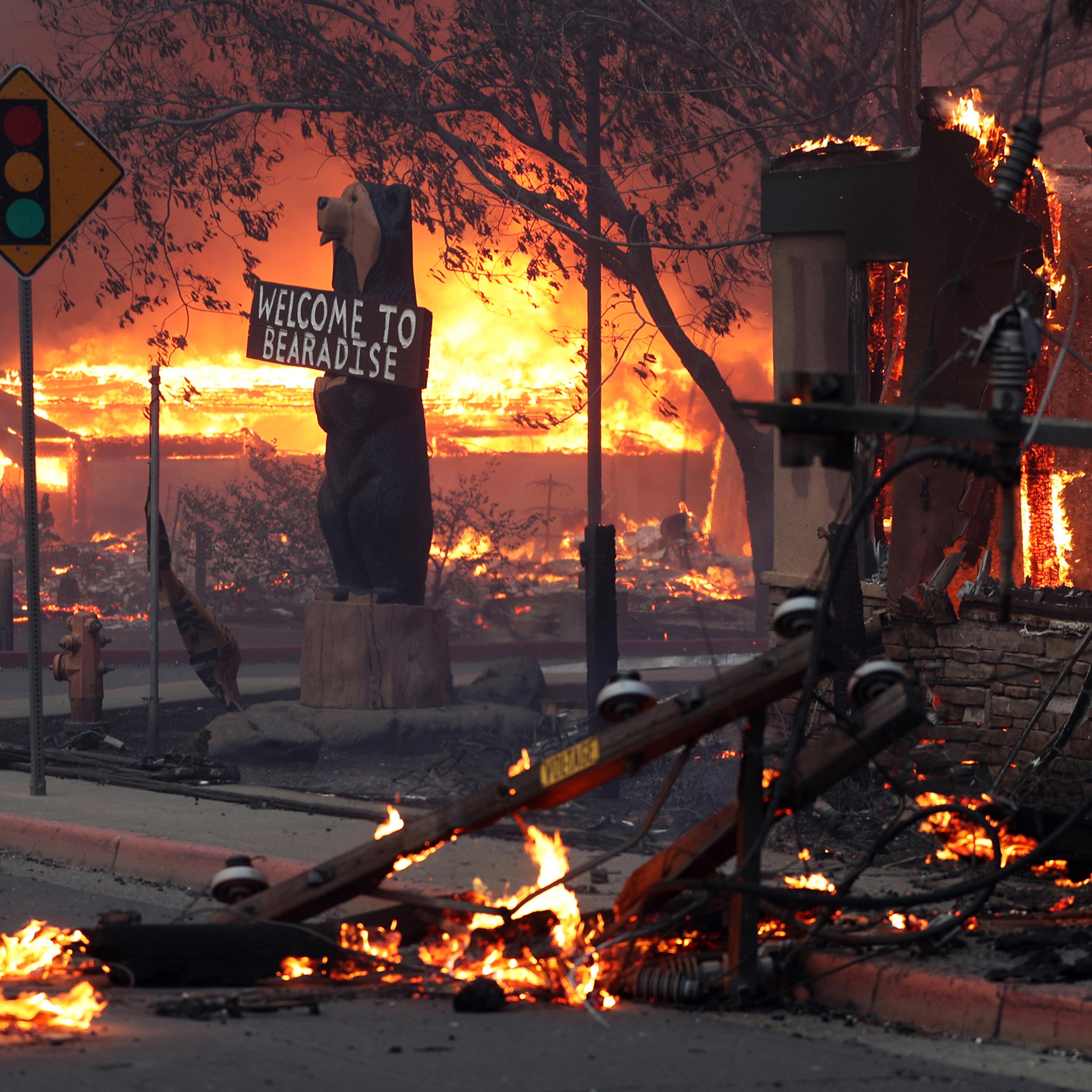 A Black Bear Diner and nearby businesses burn as the Camp Fire destroys a large portion of Paradise in Butte County, Calif.. on Thursday, November 8, 2018. The wildfire claimed 85 lives and over 14,000 structures and left 50,000 homeless.