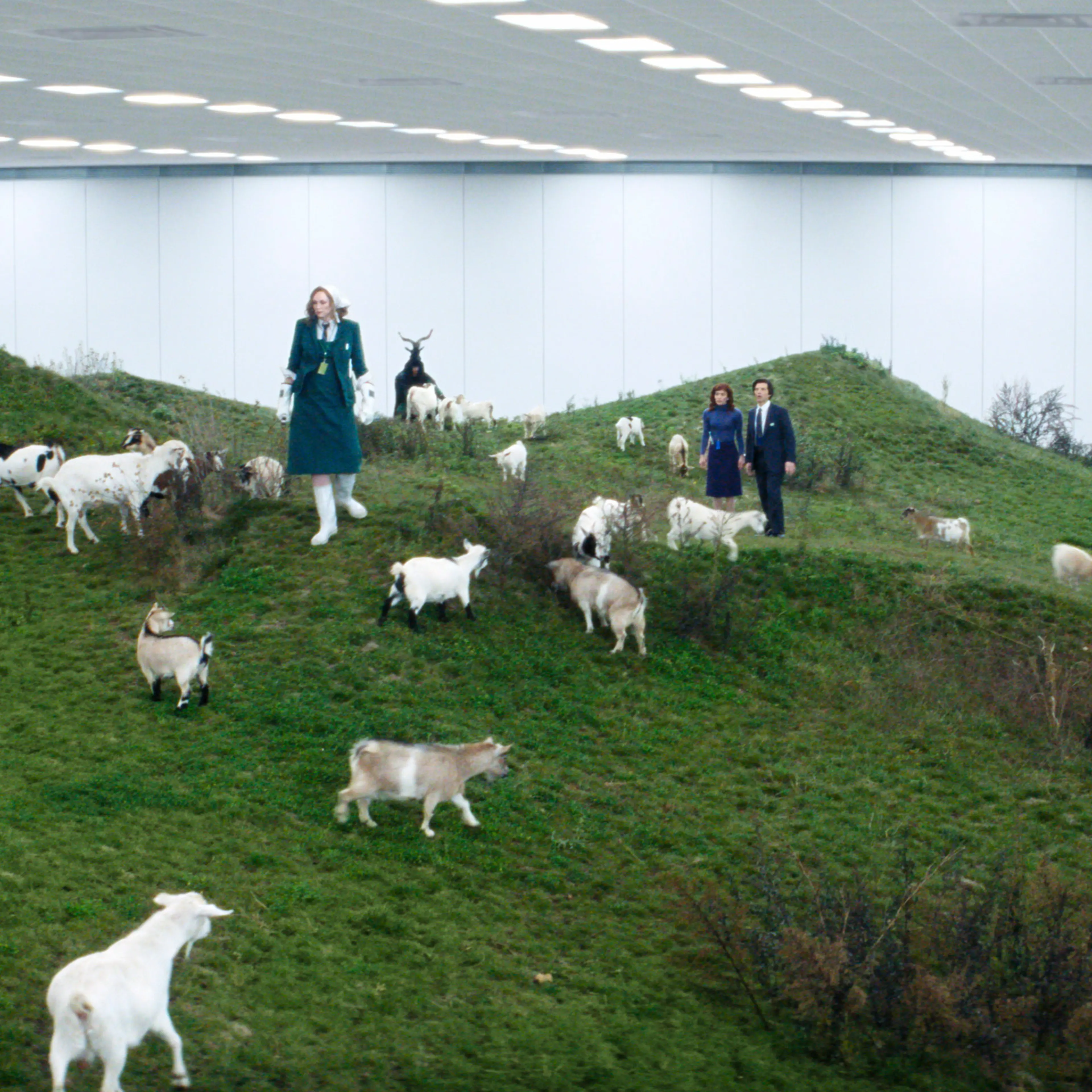 Gwendoline Christie, Britt Lower, and Adam Scott with goats in Severance