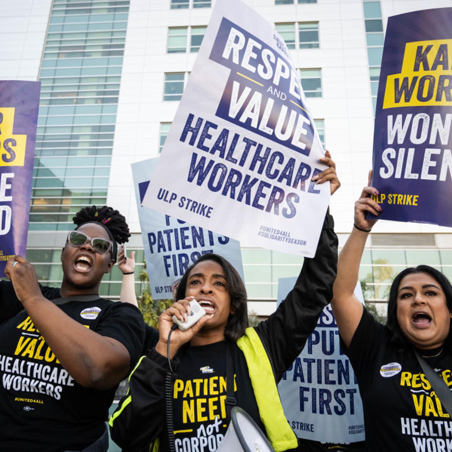 Kaiser Permanente healthcare workers walk the picket line in Los Angeles as they begin a three-day strike involving more than 75,000 Kaiser workers on Wednesday, Oct. 4, 2023.