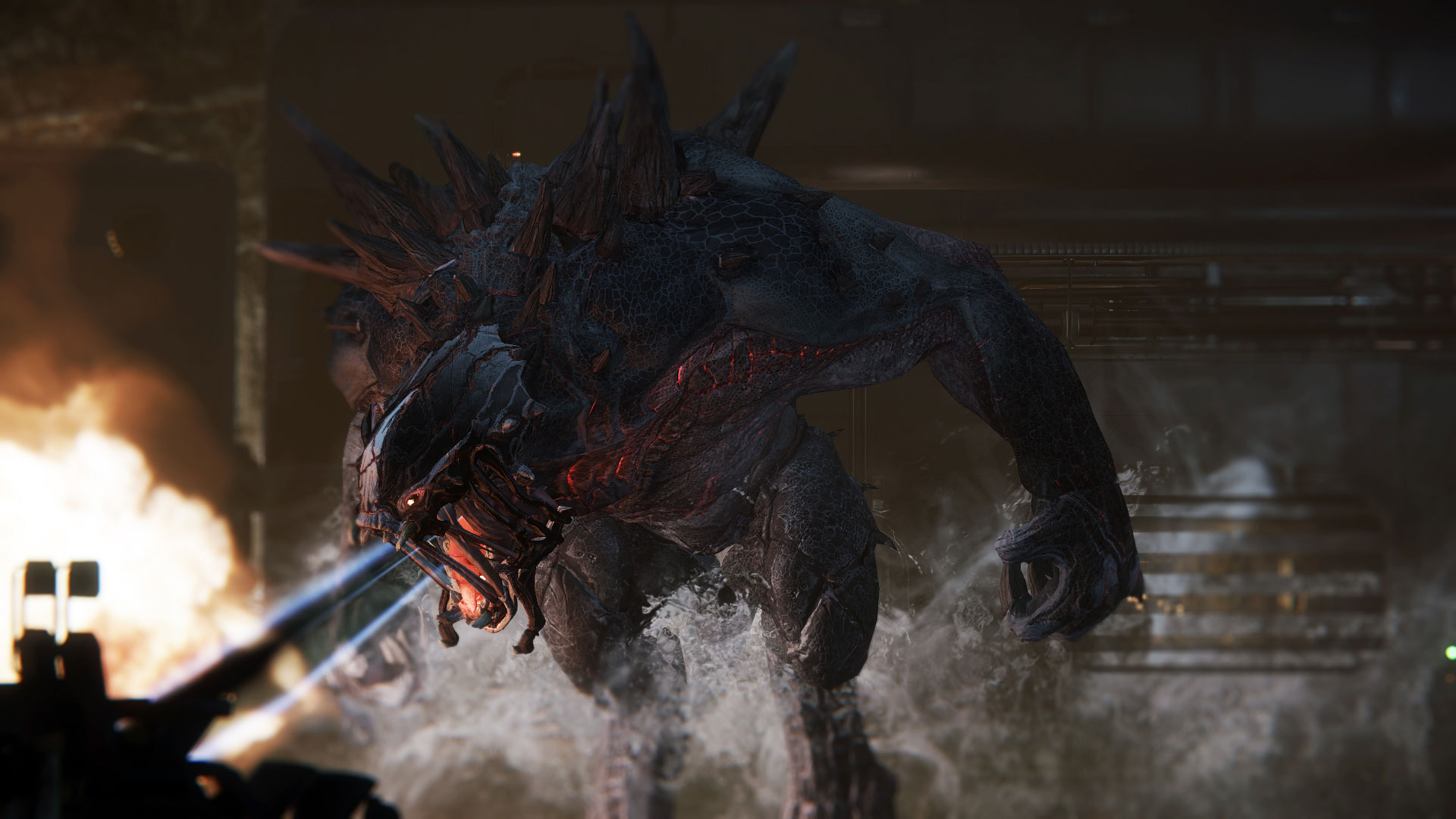 The Monster in the upcoming game Evolve demonstrating its fire-breathing capability.