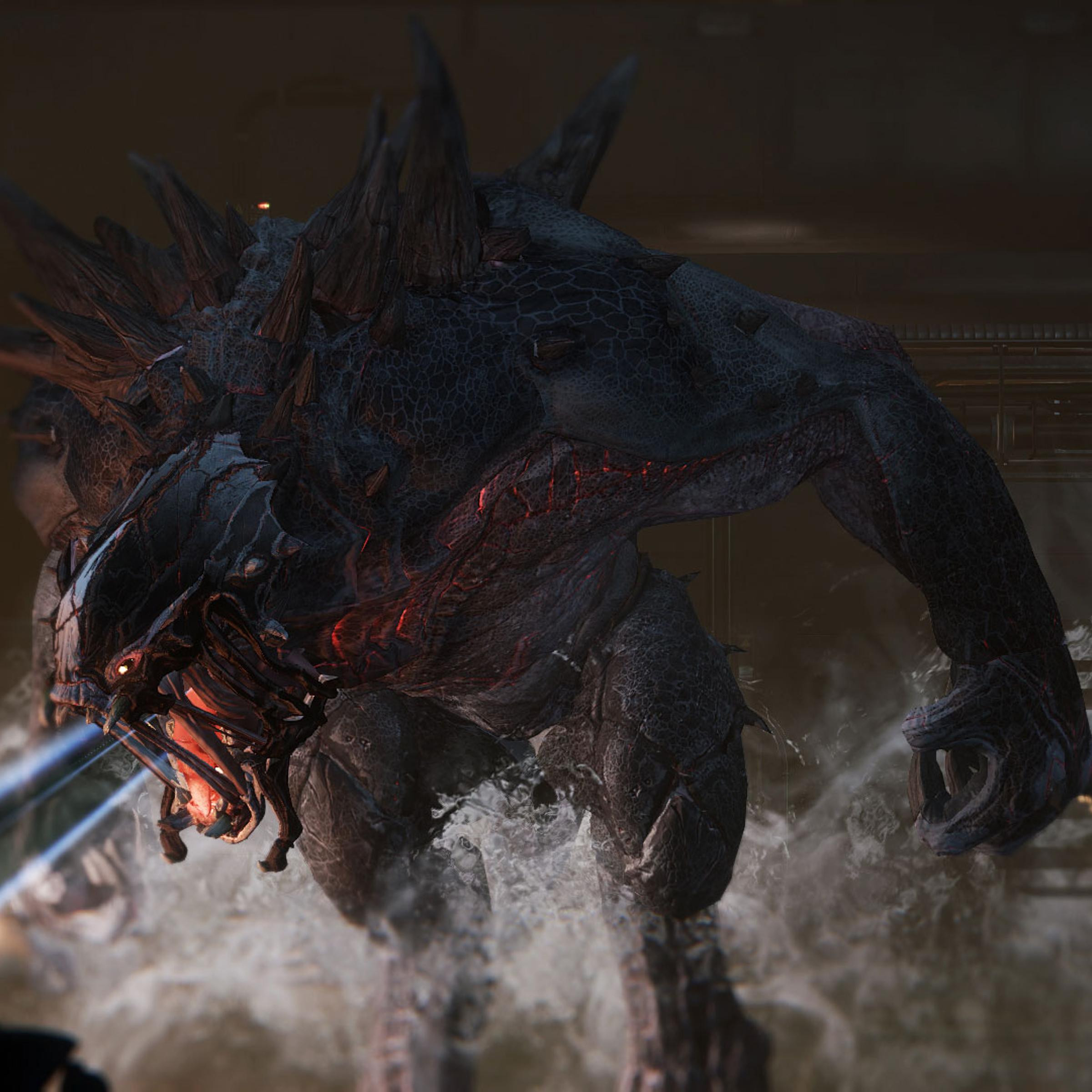 The Monster in the upcoming game Evolve demonstrating its fire-breathing capability.