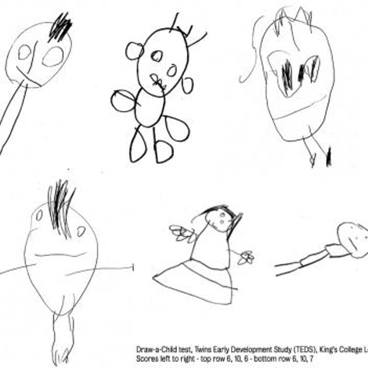 Here are examples of children's drawings. Scores are from left to right: Top: 6,10,6; Bottom: 6,10,7.