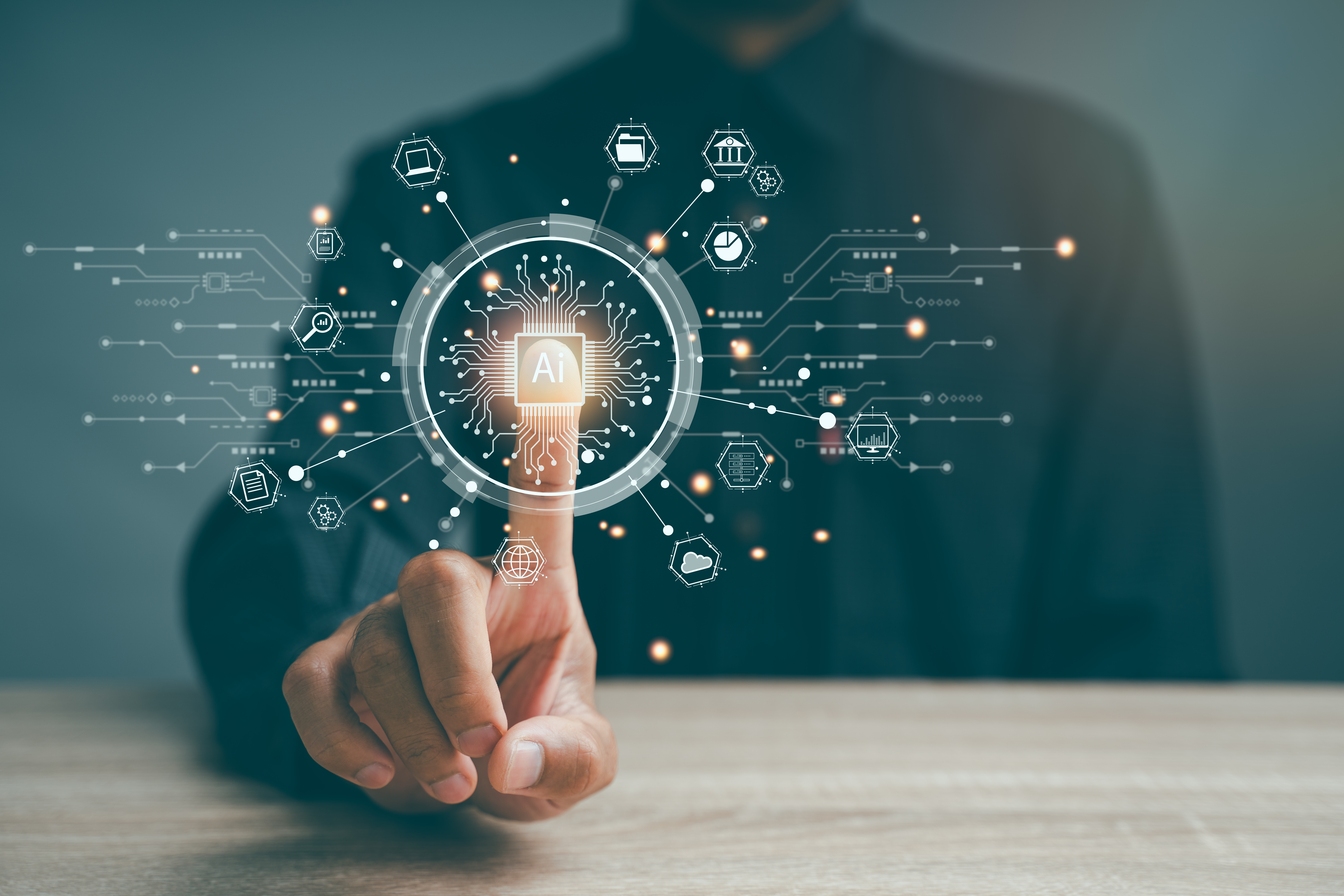 Ai technology, Artificial Intelligence. man using technology smart robot AI, artificial intelligence by enter command prompt for generates something, Futuristic technology transformation. Chat with AI