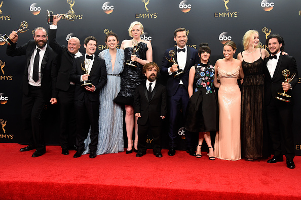 Actors Rory McCann, Conleth Hill, Iwan Rheon, Gwendoline Christie, Peter Dinklage, Nikolaj Coster-Waldau, Maisie Williams, Emilia Clarke, Sophie Turner and Kit Harington, winners of Best Drama Series for 'Game of Thrones', pose in the press room during t