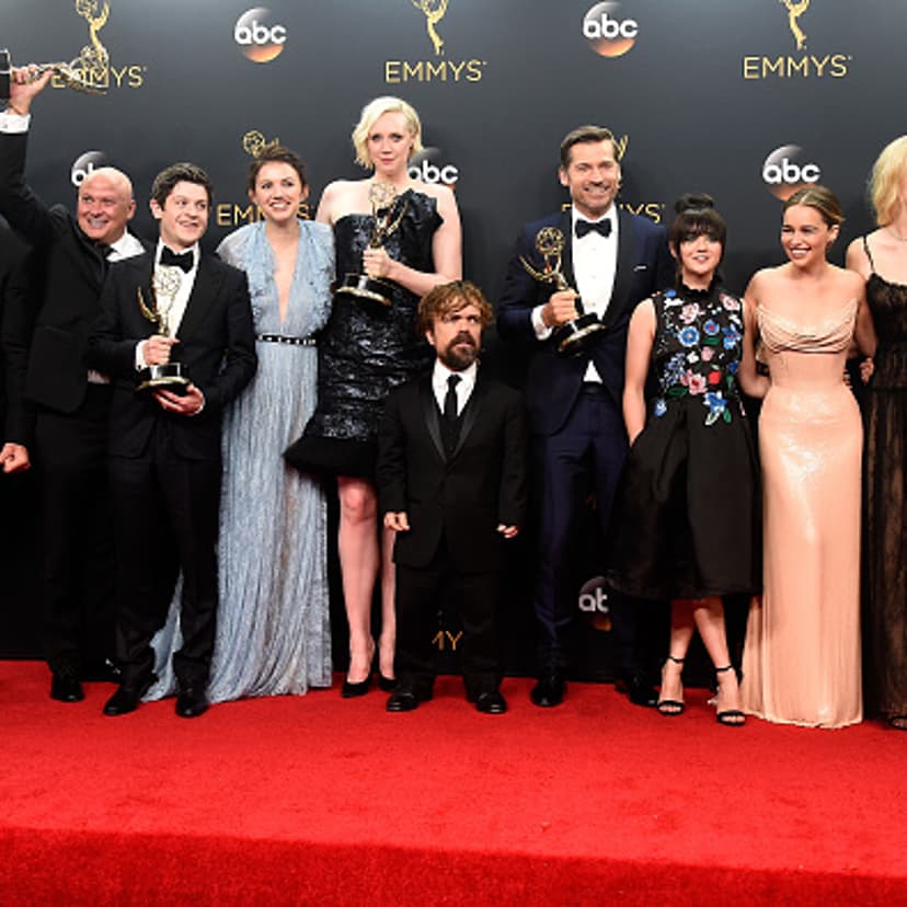 Actors Rory McCann, Conleth Hill, Iwan Rheon, Gwendoline Christie, Peter Dinklage, Nikolaj Coster-Waldau, Maisie Williams, Emilia Clarke, Sophie Turner and Kit Harington, winners of Best Drama Series for 'Game of Thrones', pose in the press room during t