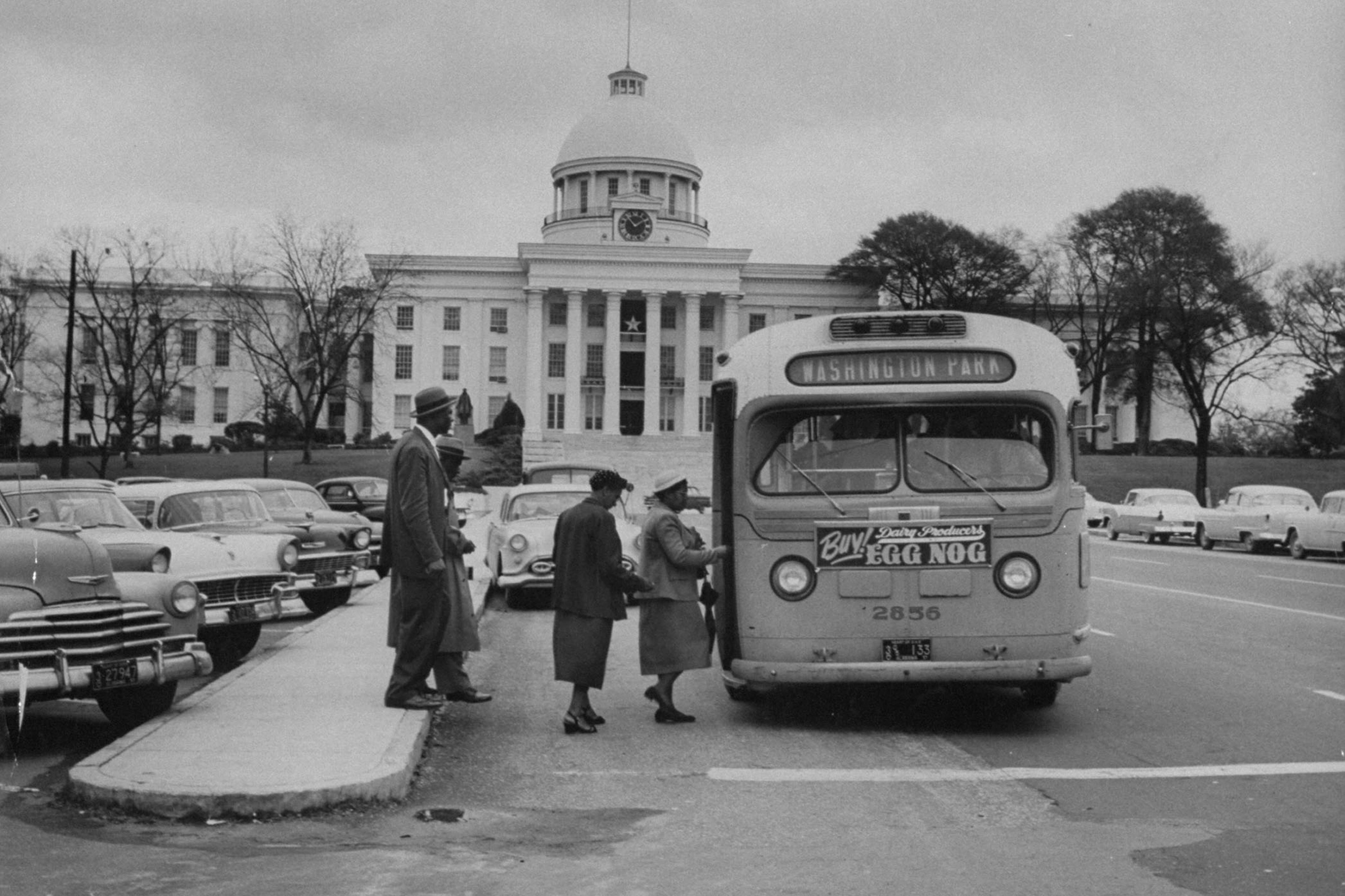 African Americans boarding a newly integ