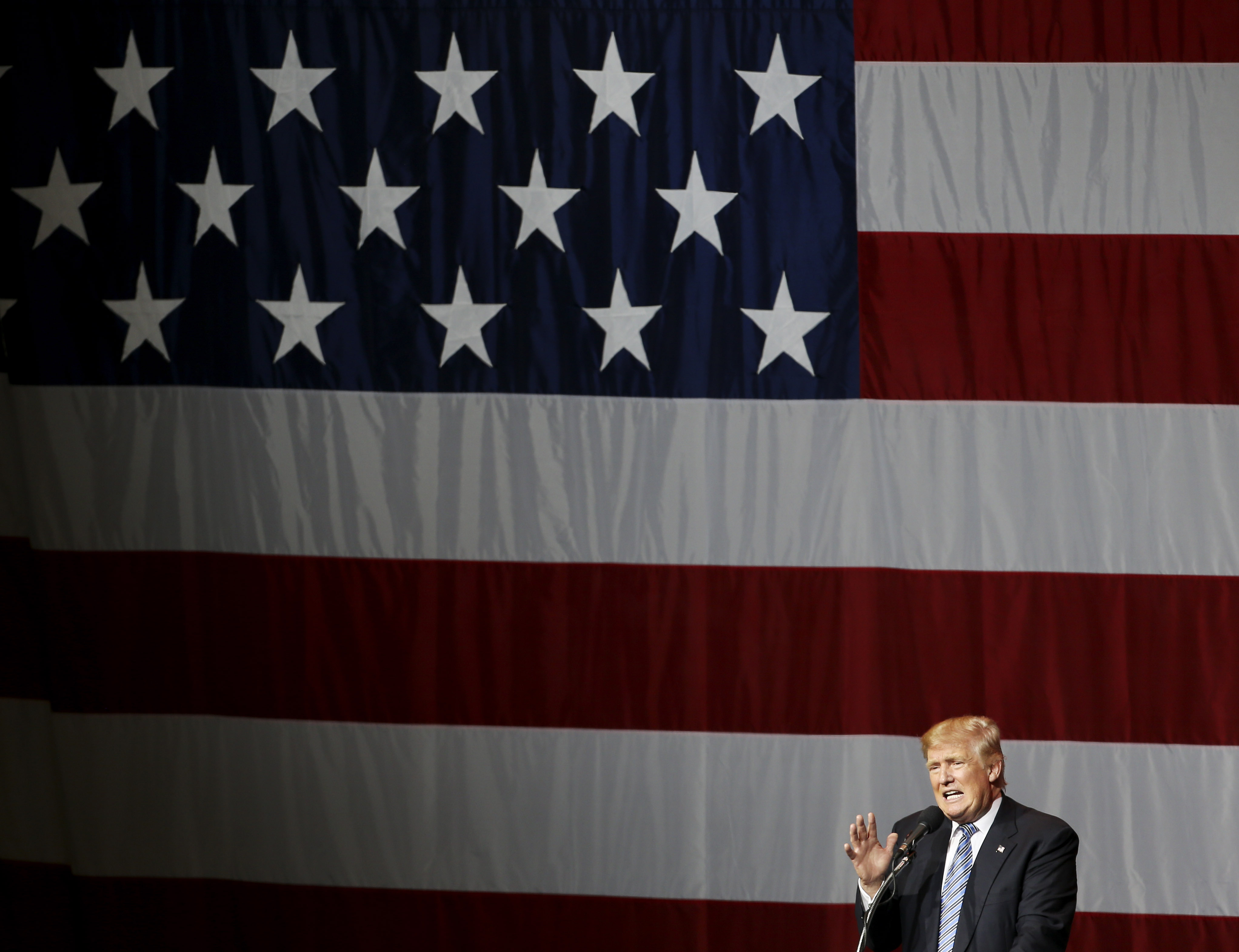 Donald Trump addresses a campaign rally at Grant Park Event Center in Westfield, Indiana.