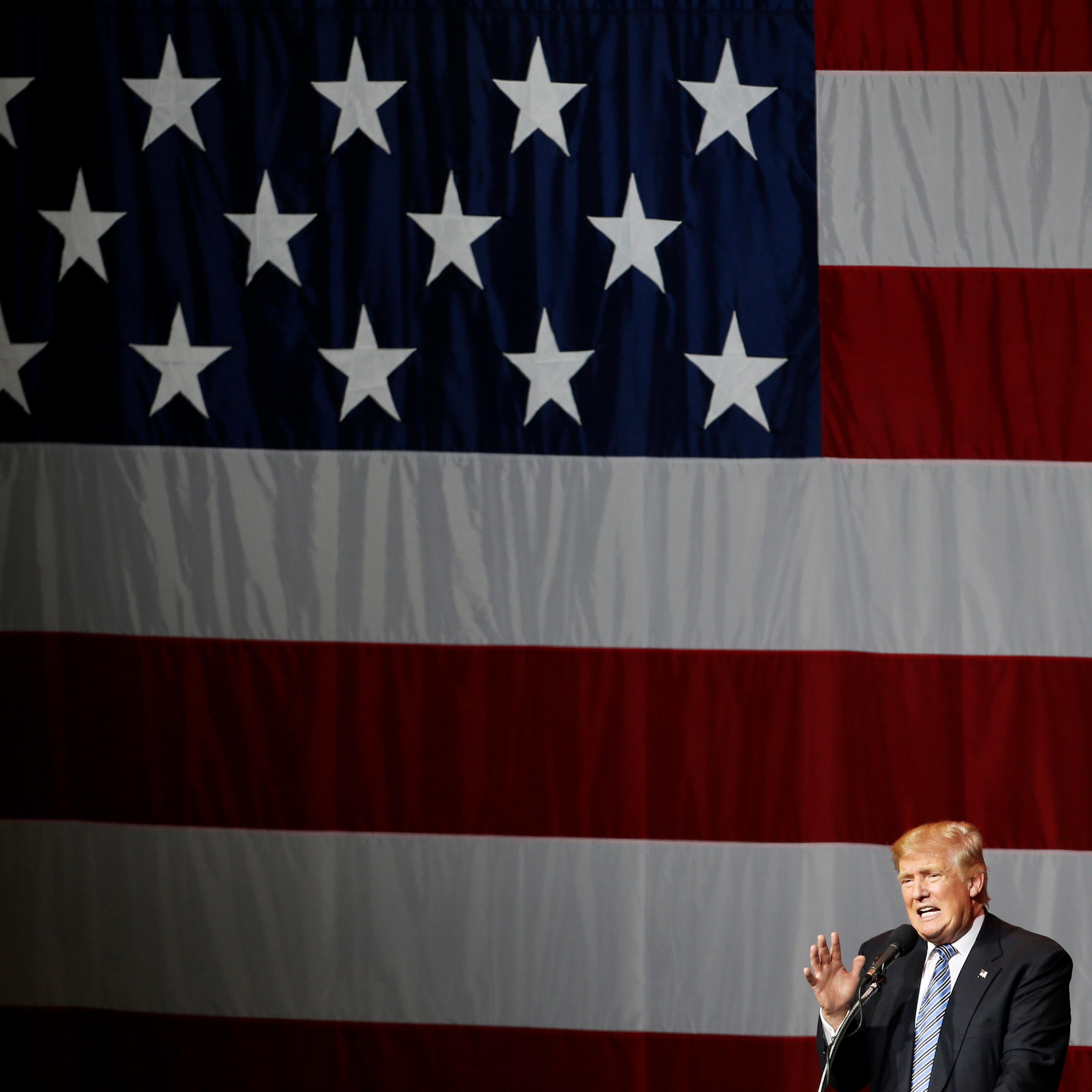 Donald Trump addresses a campaign rally at Grant Park Event Center in Westfield, Indiana.