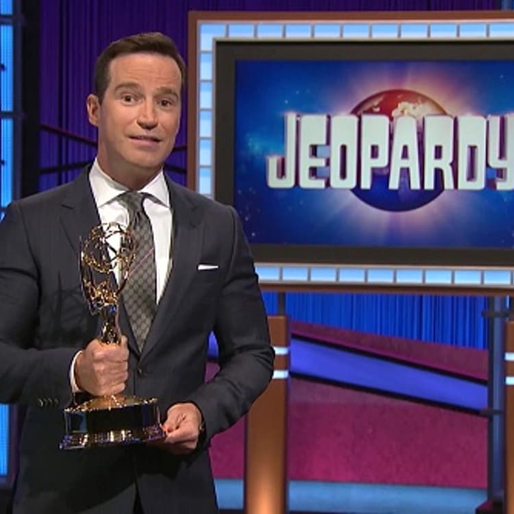 Mike Richards accepts the award for Outstanding Game Show for Jeopardy! during the 48th Annual Daytime Emmy Awards broadcast on June 25, 2021.