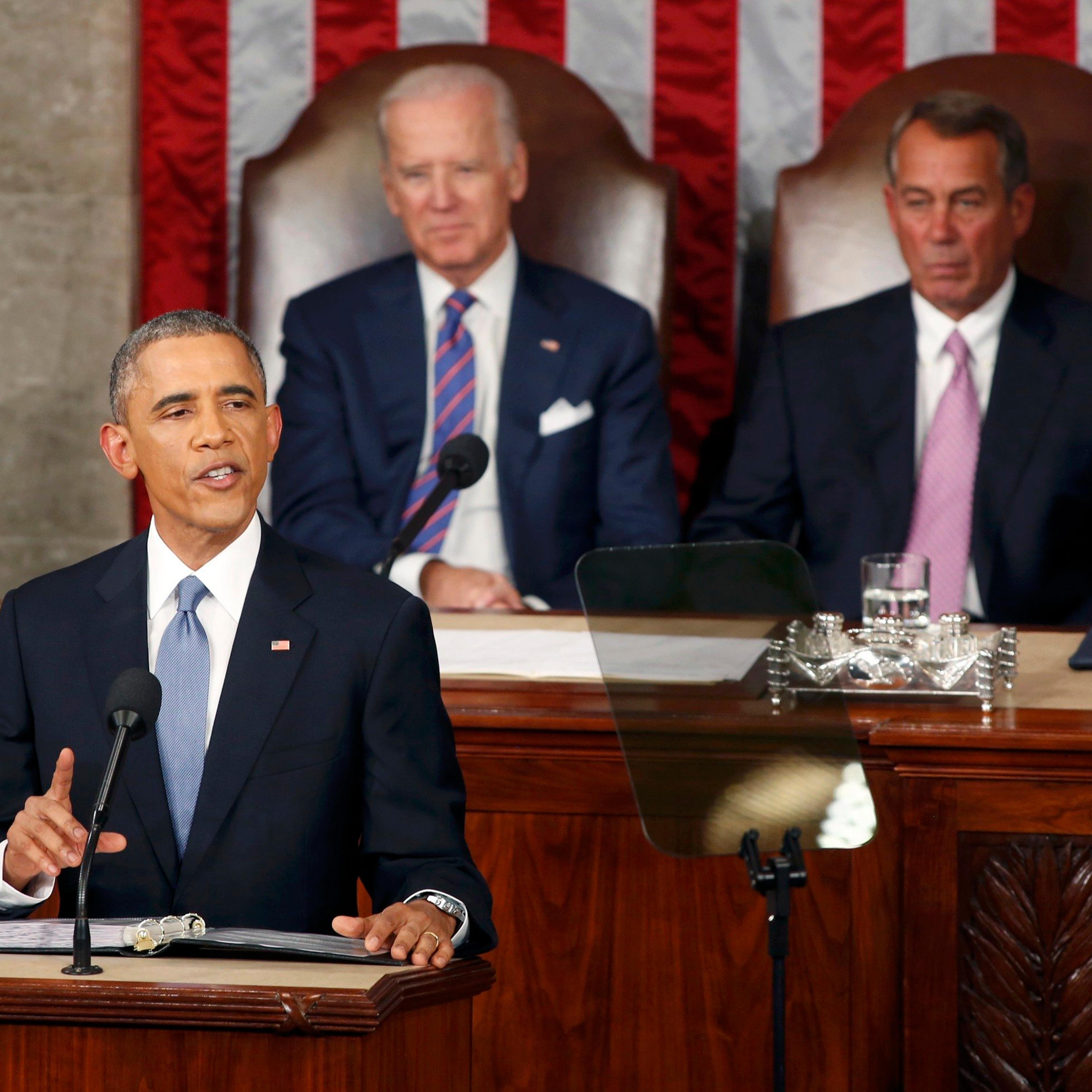 U.S. Vice President Joe Biden and Speaker of the House John Boehner watch as U.S. President Barack Obama delivers his State of the Union address to a joint session of the U.S. Congress on Capitol Hill in Washington on Jan. 20, 2015.