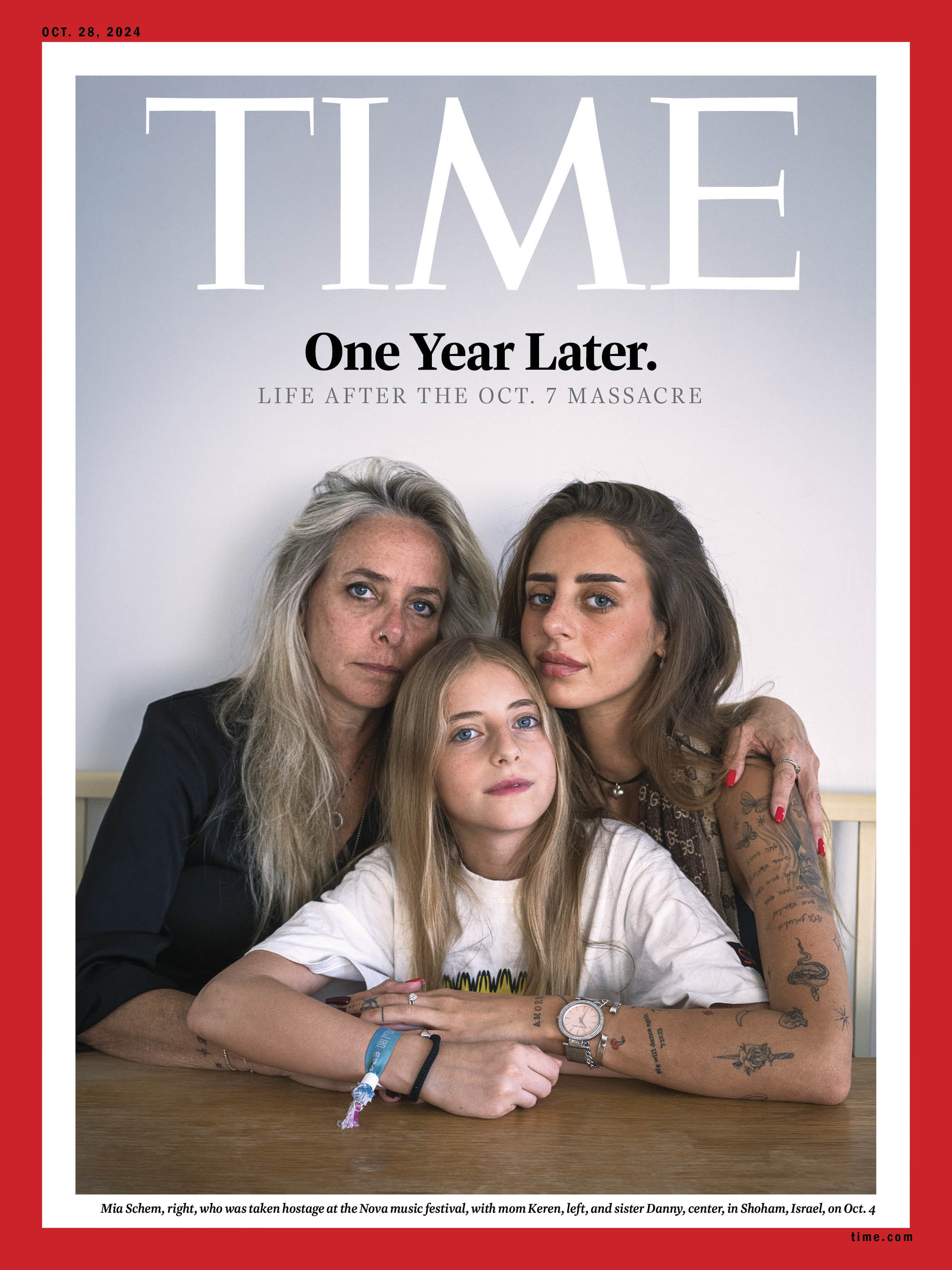 Mia Schem, right, who was taken hostage at the Nova music festival, with mom Keren, left, and sister Danny, center, in Shoham, Israel, on Oct. 4