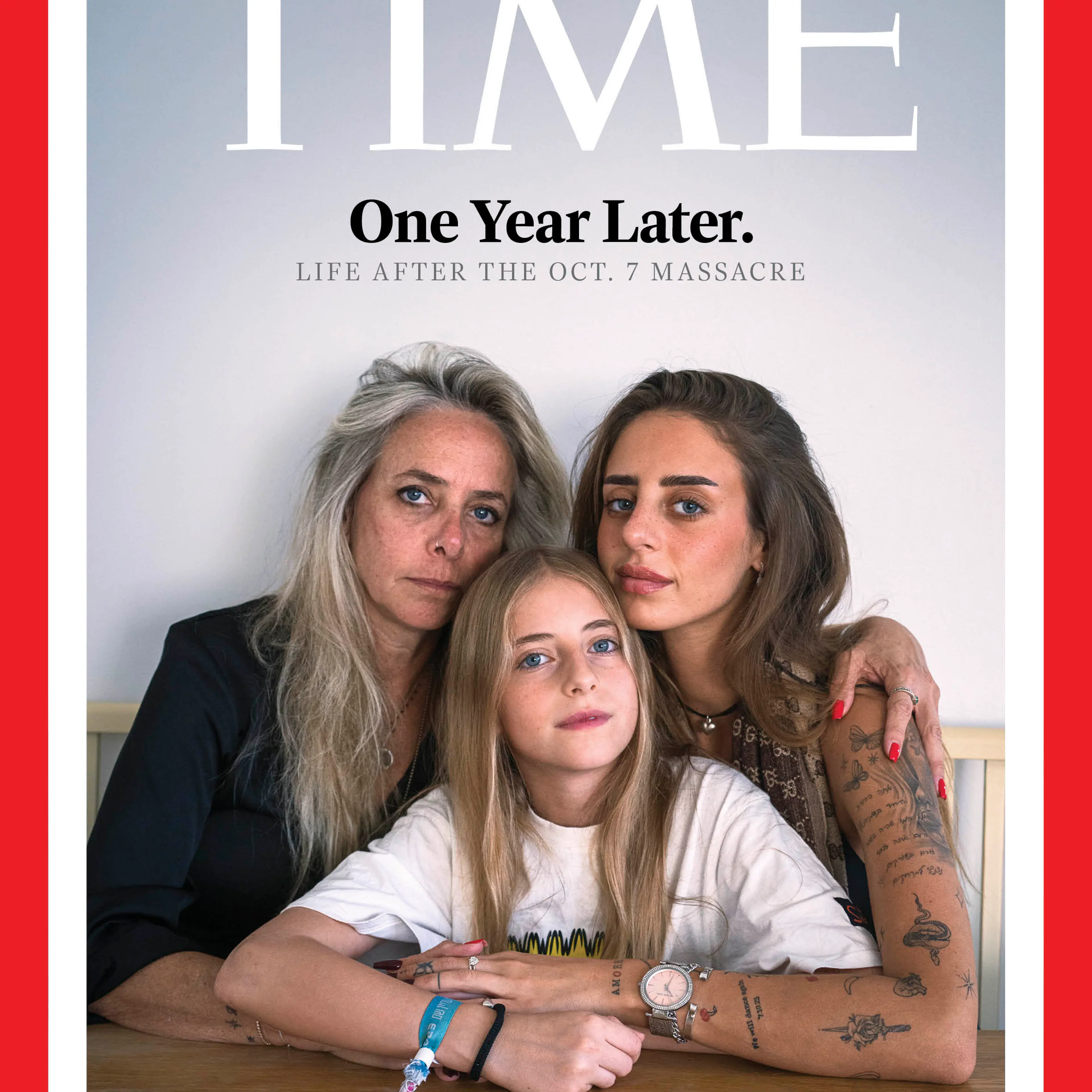 Mia Schem, right, who was taken hostage at the Nova music festival, with mom Keren, left, and sister Danny, center, in Shoham, Israel, on Oct. 4