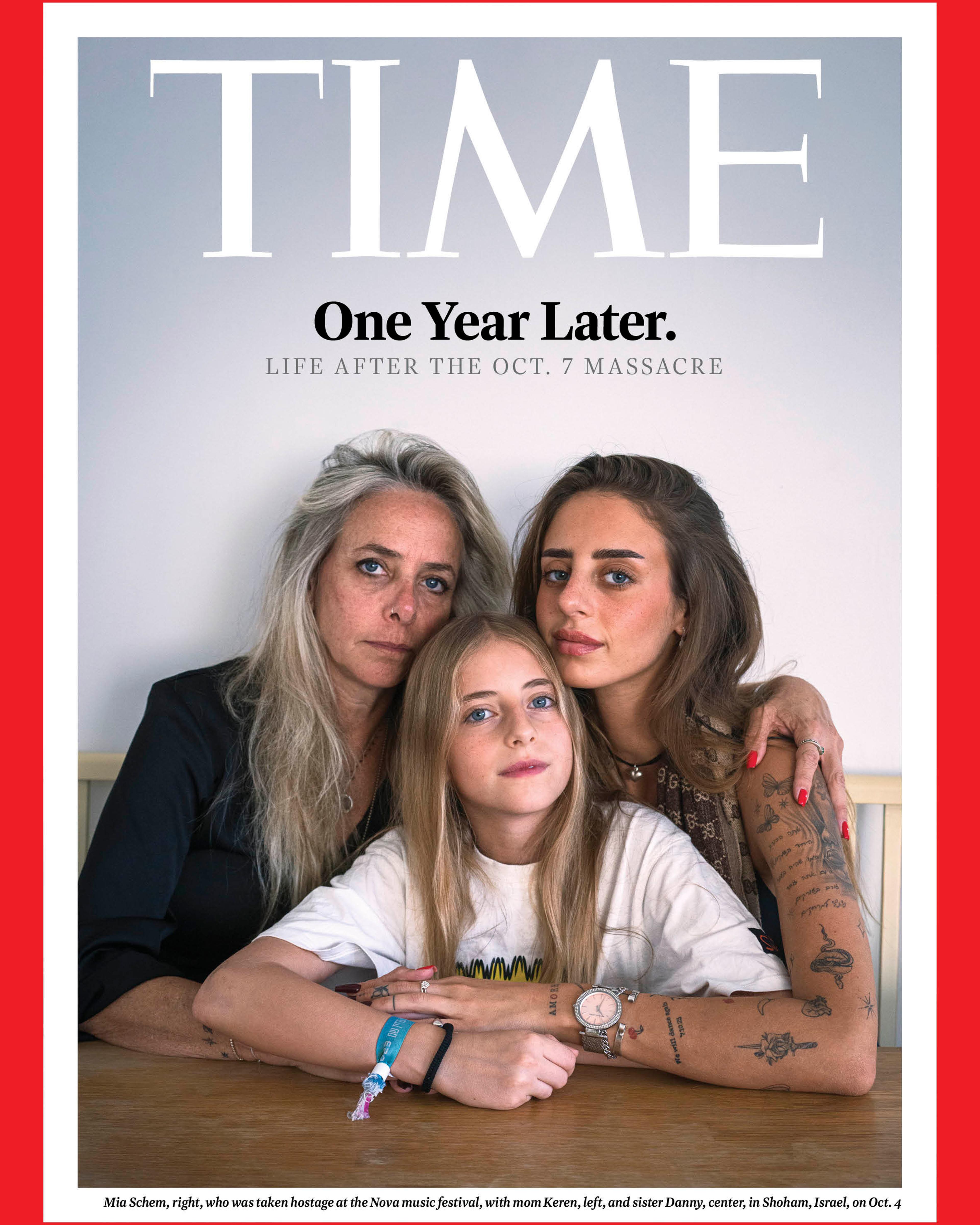 Mia Schem, right, who was taken hostage at the Nova music festival, with mom Keren, left, and sister Danny, center, in Shoham, Israel, on Oct. 4