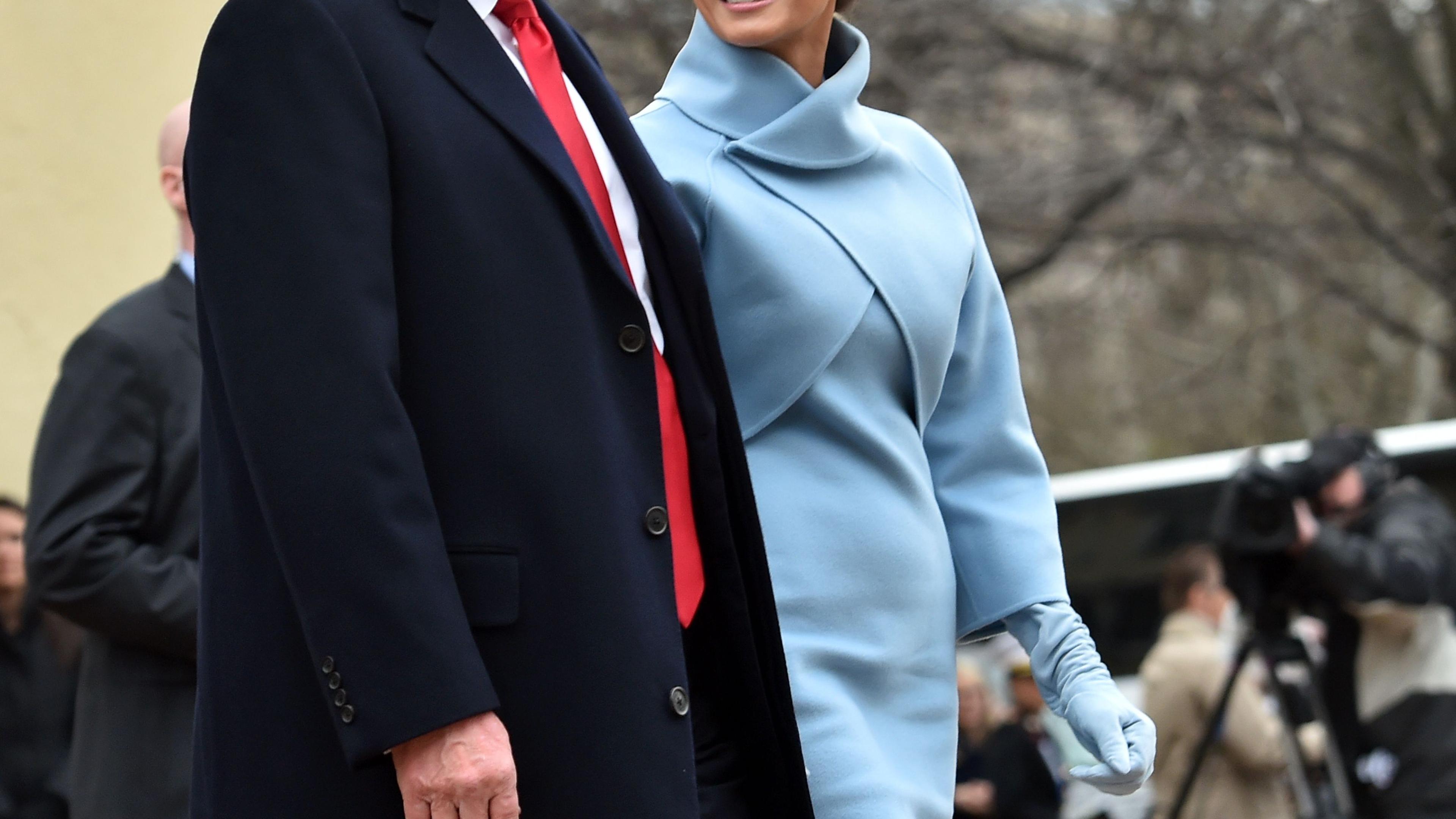 lady in blue dress inauguration Melania's first Inauguration dress from 2017 was also designed in Gilead!