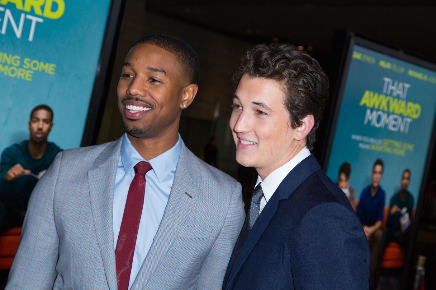 Actors Michael B. Jordan and Miles Teller attend the Los Angeles Premiere of "That Awkward Moment" on January 27, 2014 in Los Angeles, California.