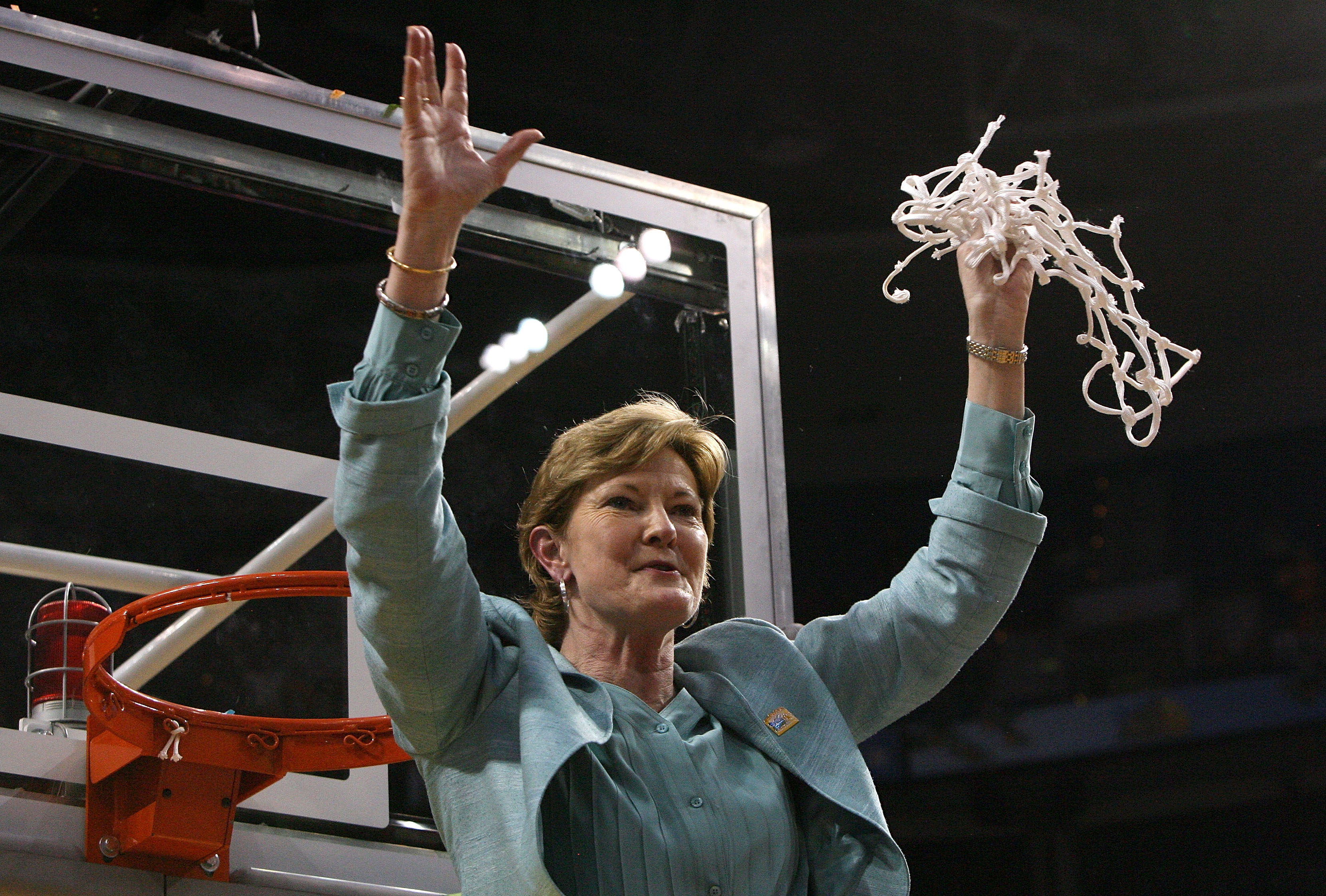 Head coach Pat Summitt of the Tennessee Lady Volunteers celebrates cutting down the net after their 64-48 win against the Stanford Cardinal during the National Championsip Game of the 2008 NCAA Women's Final Four at St. Pete Times Forum April 8, 2008 in 