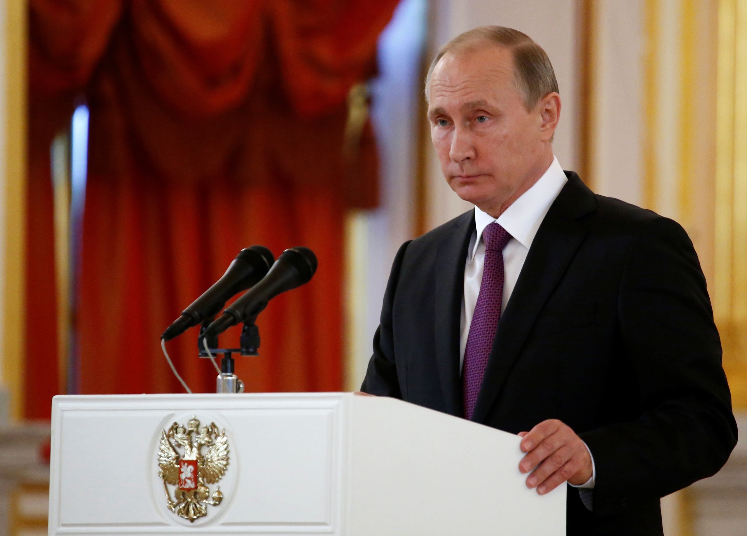 Russia's President Vladimir Putin addresses the audience during a ceremony of receiving diplomatic credentials from foreign ambassadors at the Kremlin in Moscow, Russia, November 9, 2016. REUTERS/Sergei Karpukhin - RTX2SROV