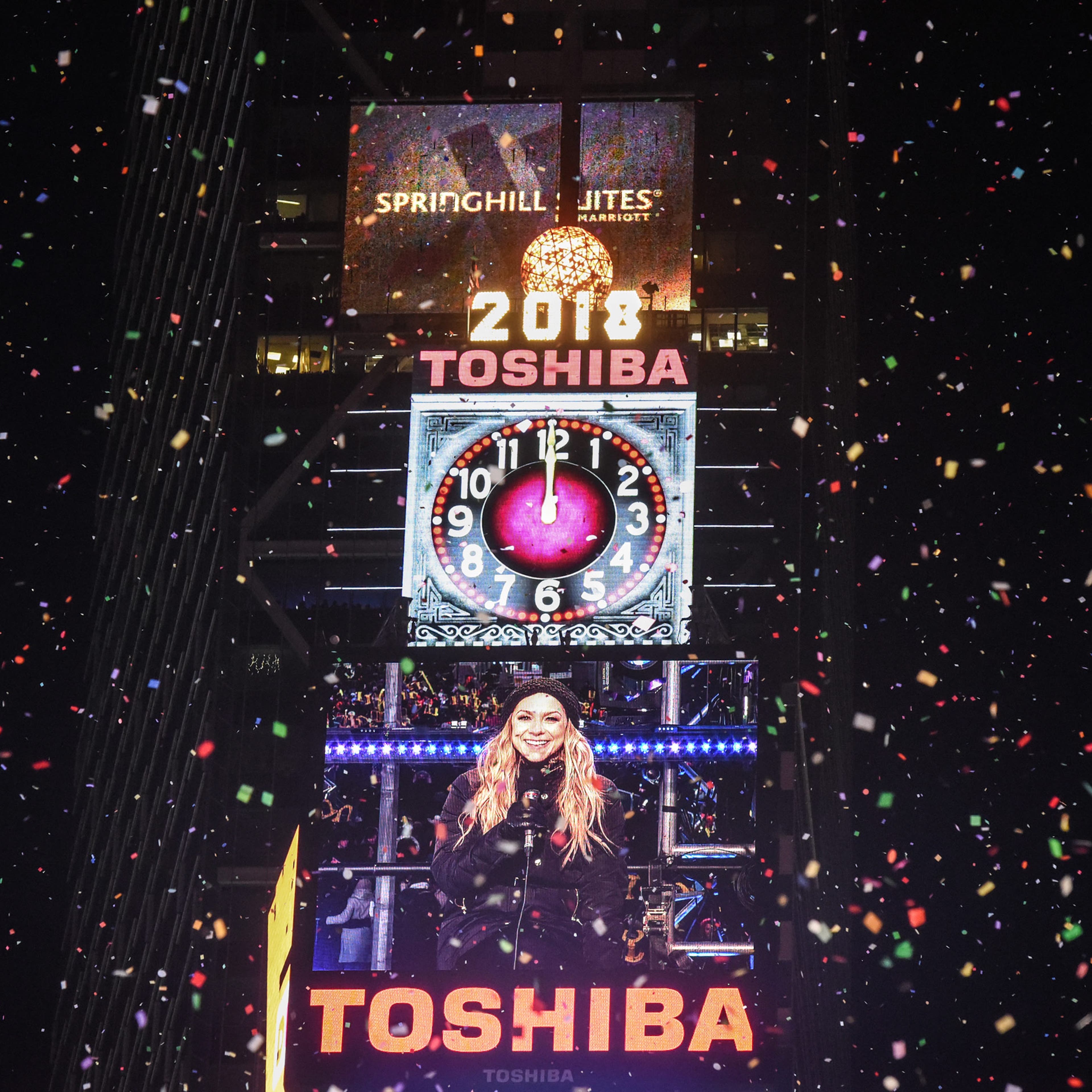 Fireworks explode in Times Square on New Year's Eve on January 1, 2018 in New York City.