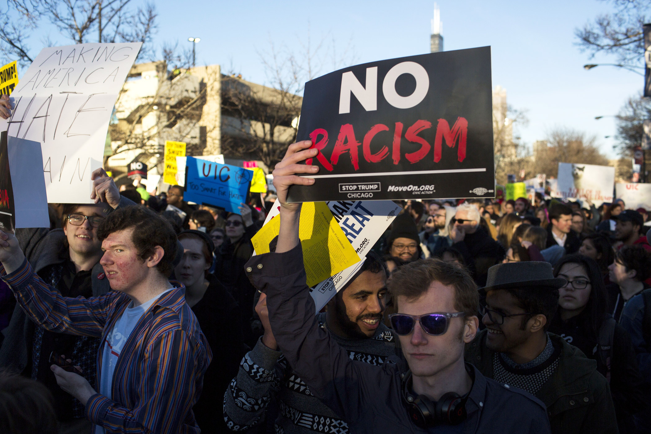 Protesters outside of the University of Illinois at Chicago Pavilion where Republican presidential candidate Donald Trump was due to speak at a campaign rally March 11, 2016 in Chicago.