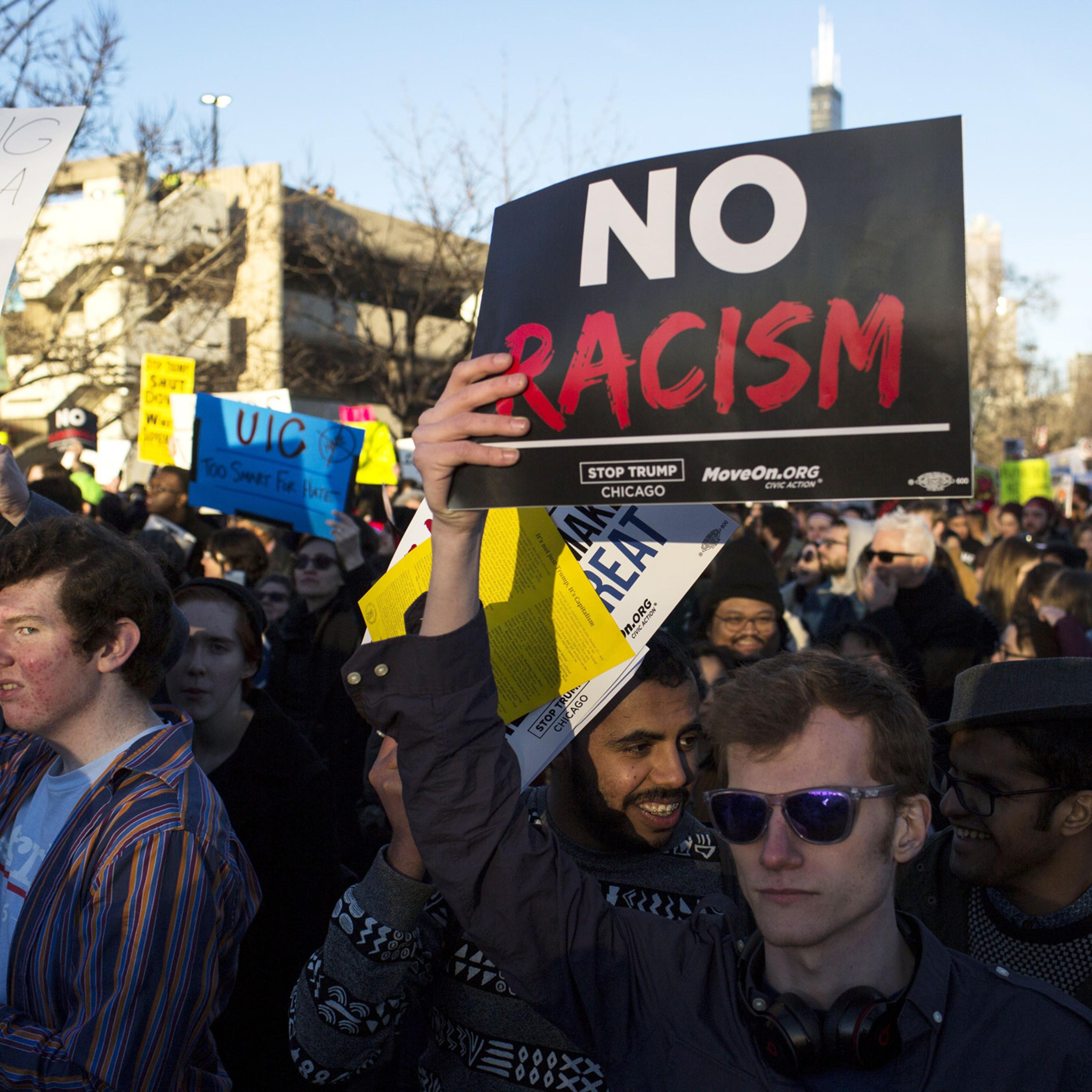 Protesters outside of the University of Illinois at Chicago Pavilion where Republican presidential candidate Donald Trump was due to speak at a campaign rally March 11, 2016 in Chicago.