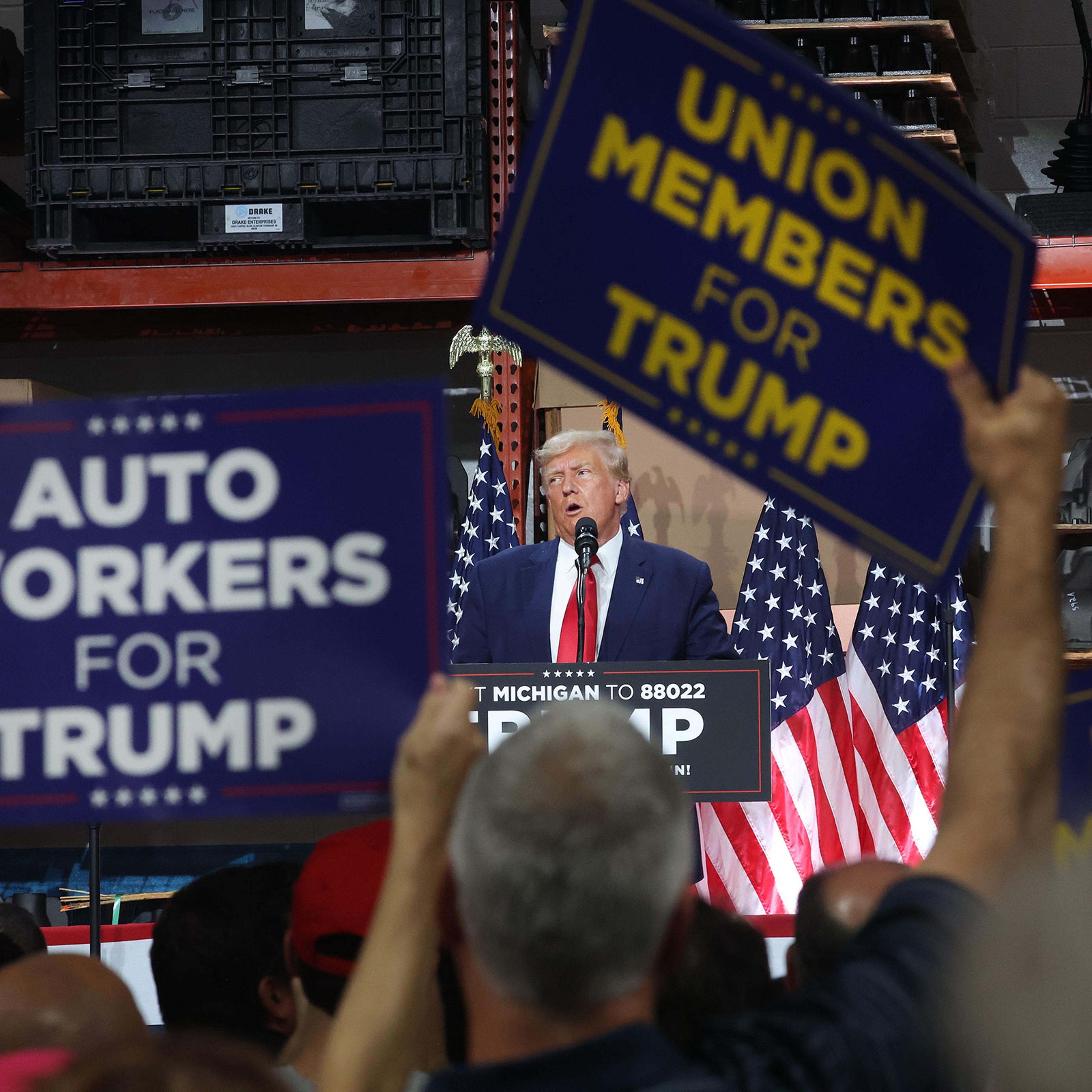 Donald Trump speaks at a campaign rally at Drake Enterprises, an automotive parts manufacturer, in Clinton Township, Mich. on Sept. 27, 2023.