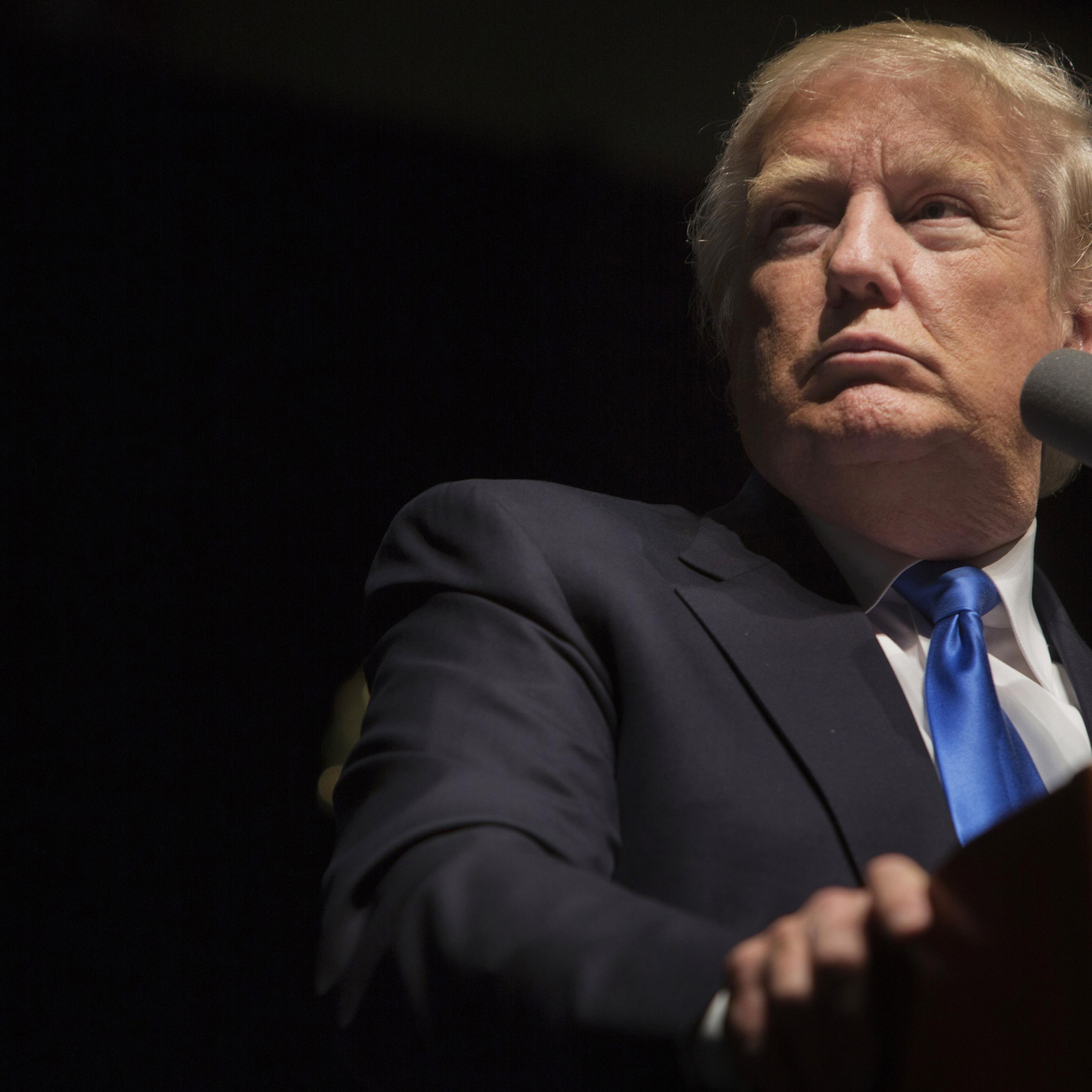 Donald Trump, president and chief executive of Trump Organization Inc. and 2016 Republican presidential candidate, pauses as he speaks during a campaign event in Hartford, Connecticut, U.S., on Friday, April 15, 2016. Despite Ted Cruz's rallying cry that