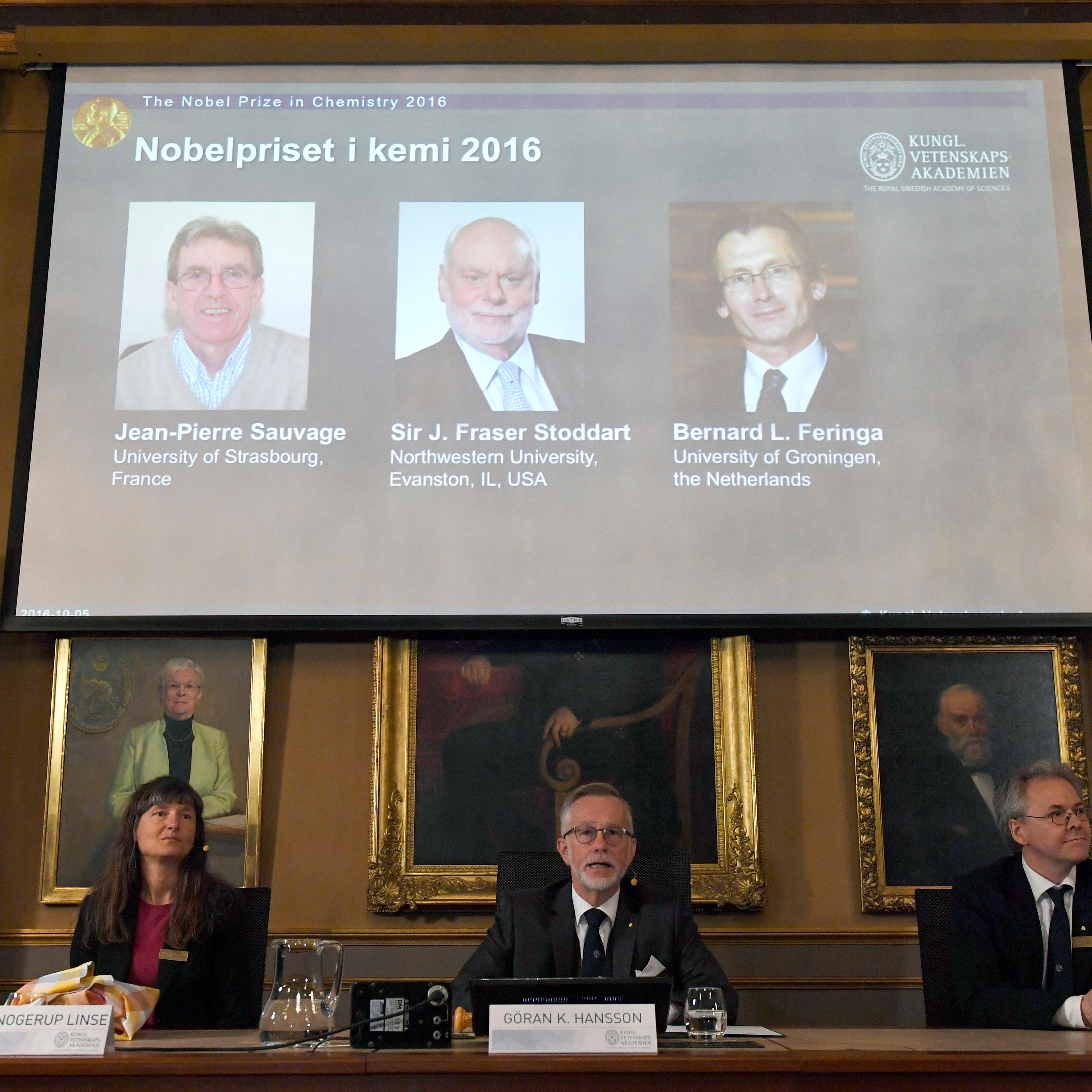 The Royal Academy of Sciences members, from left to right, Professor Sara Snogerup Linse, Professor Goran K Hansson and Professor Olof Ramstrom present the 2016 Nobel Chemistry Prize at the Royal Swedish Academy of Sciences, in Stockholm, Sweden, Wednesd