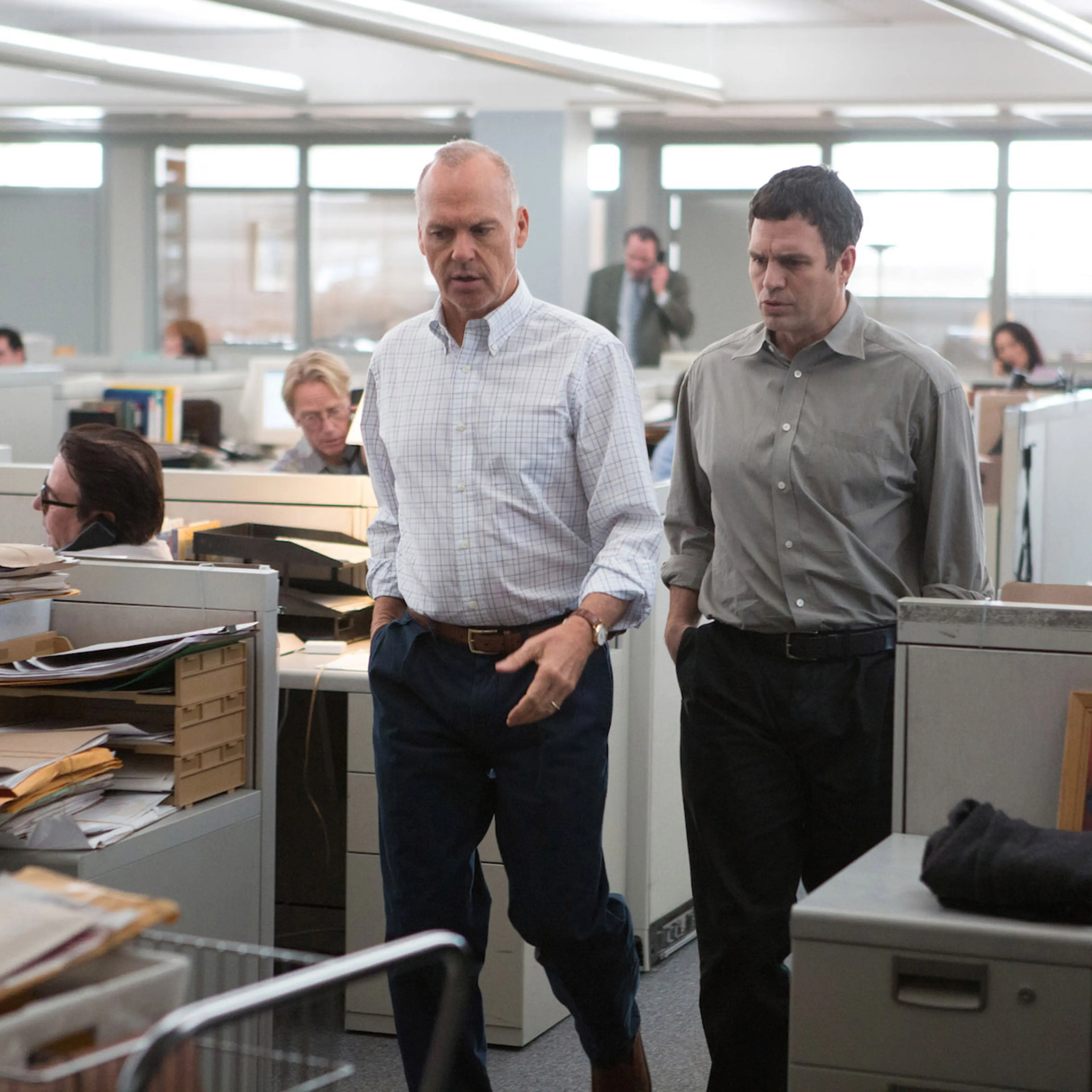 Michael Keaton and Mark Ruffalo in <i>Spotlight</i>.