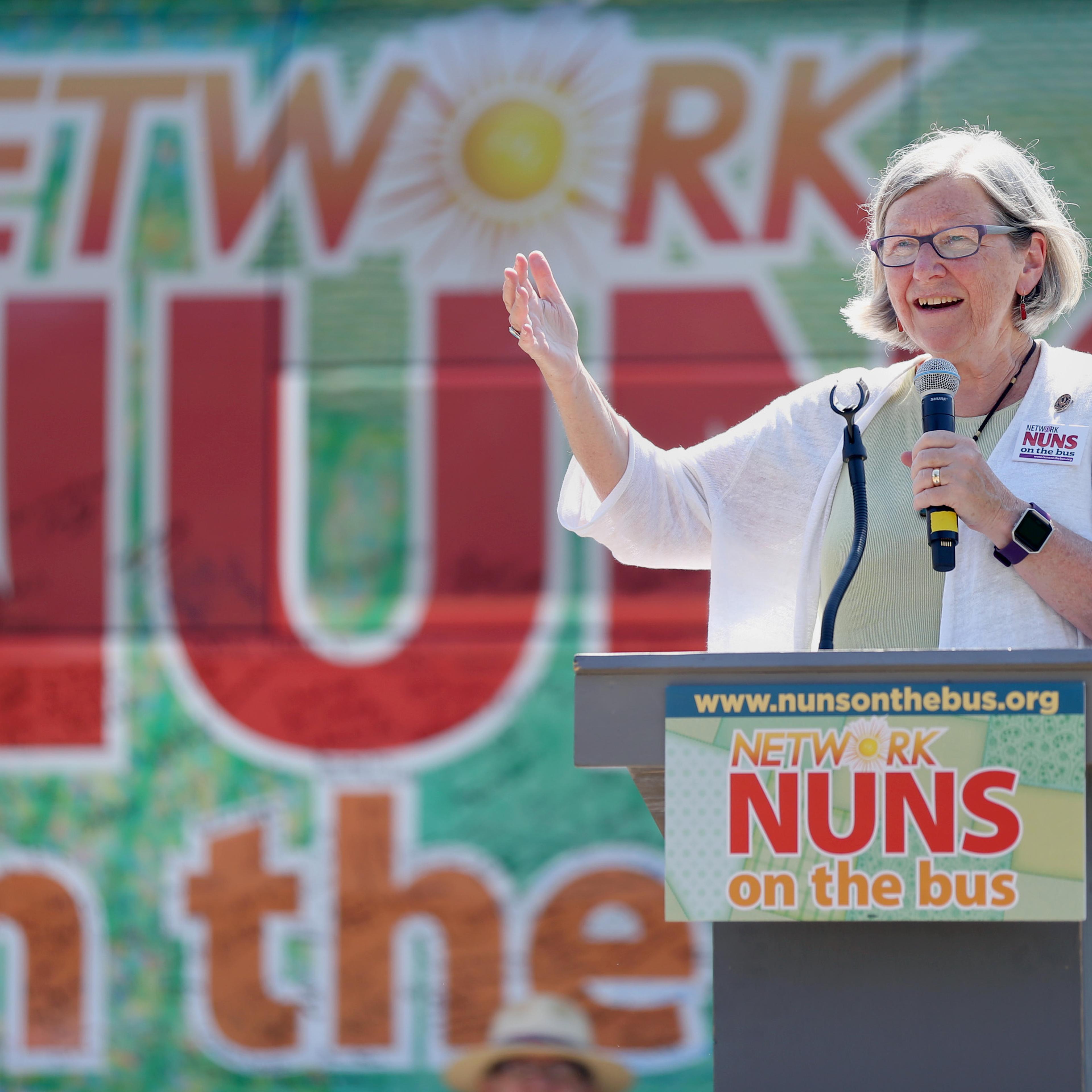 Sister Simone Campbell, leader of the Nuns on the Bus, speaks during a stop at Boston College High School, July 23, 2016.