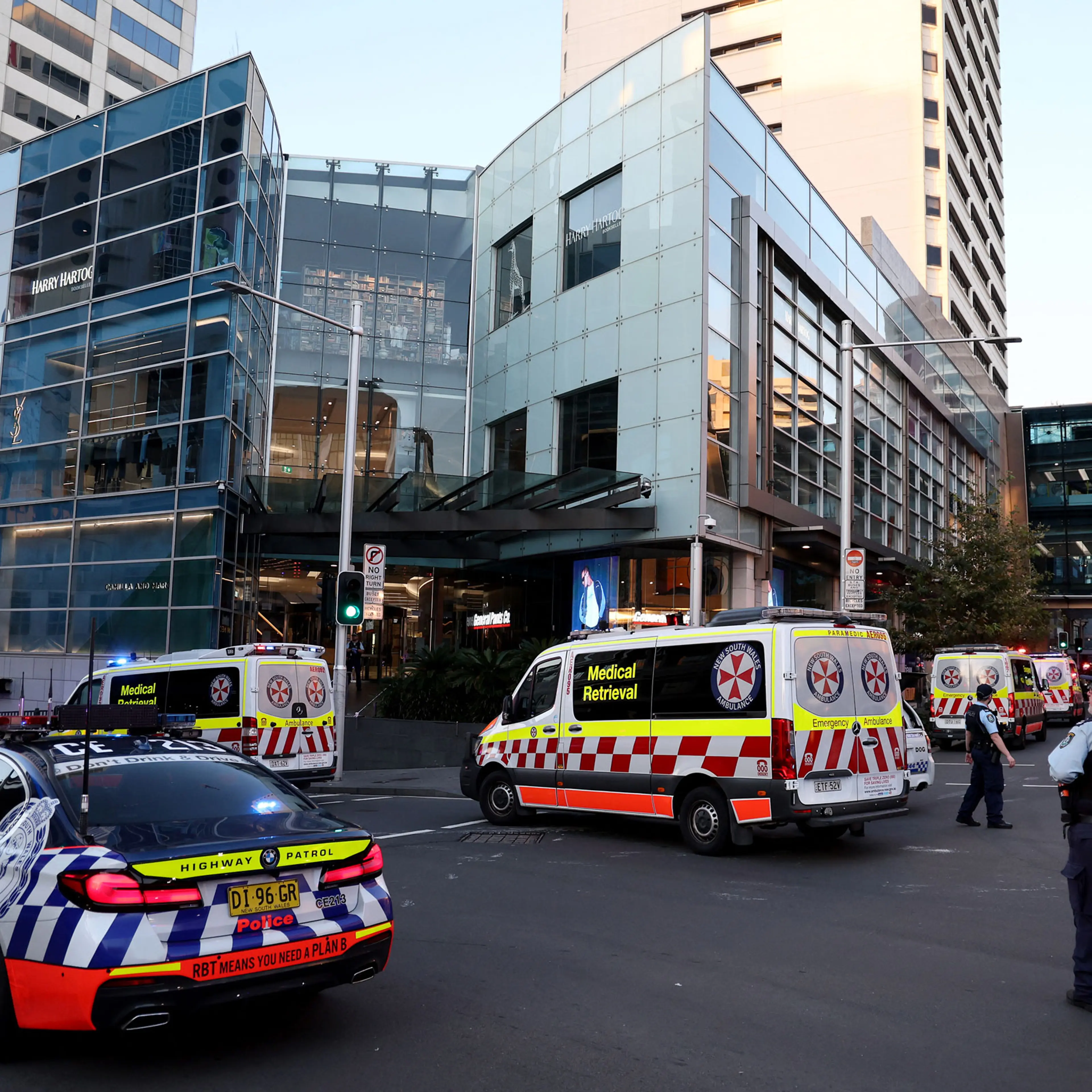 Police cordon off the Westfield Bondi Junction shopping mall after a stabbing incident in Sydney on April 13, 2024.
