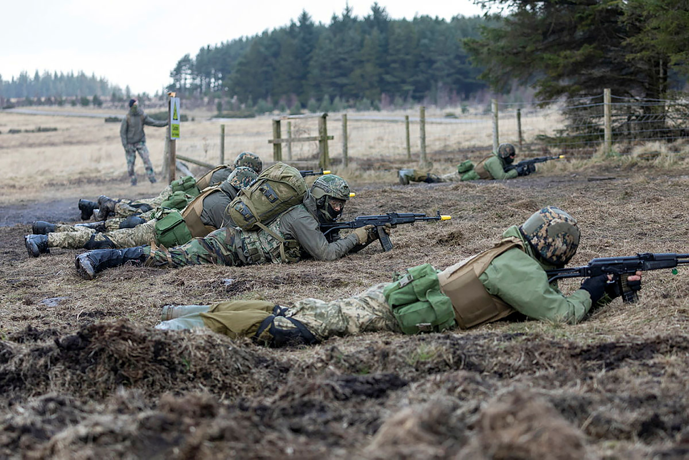 Ukrainian volunteers being trained in the northwest of England by multinational forces on Feb. 15, 2023. 