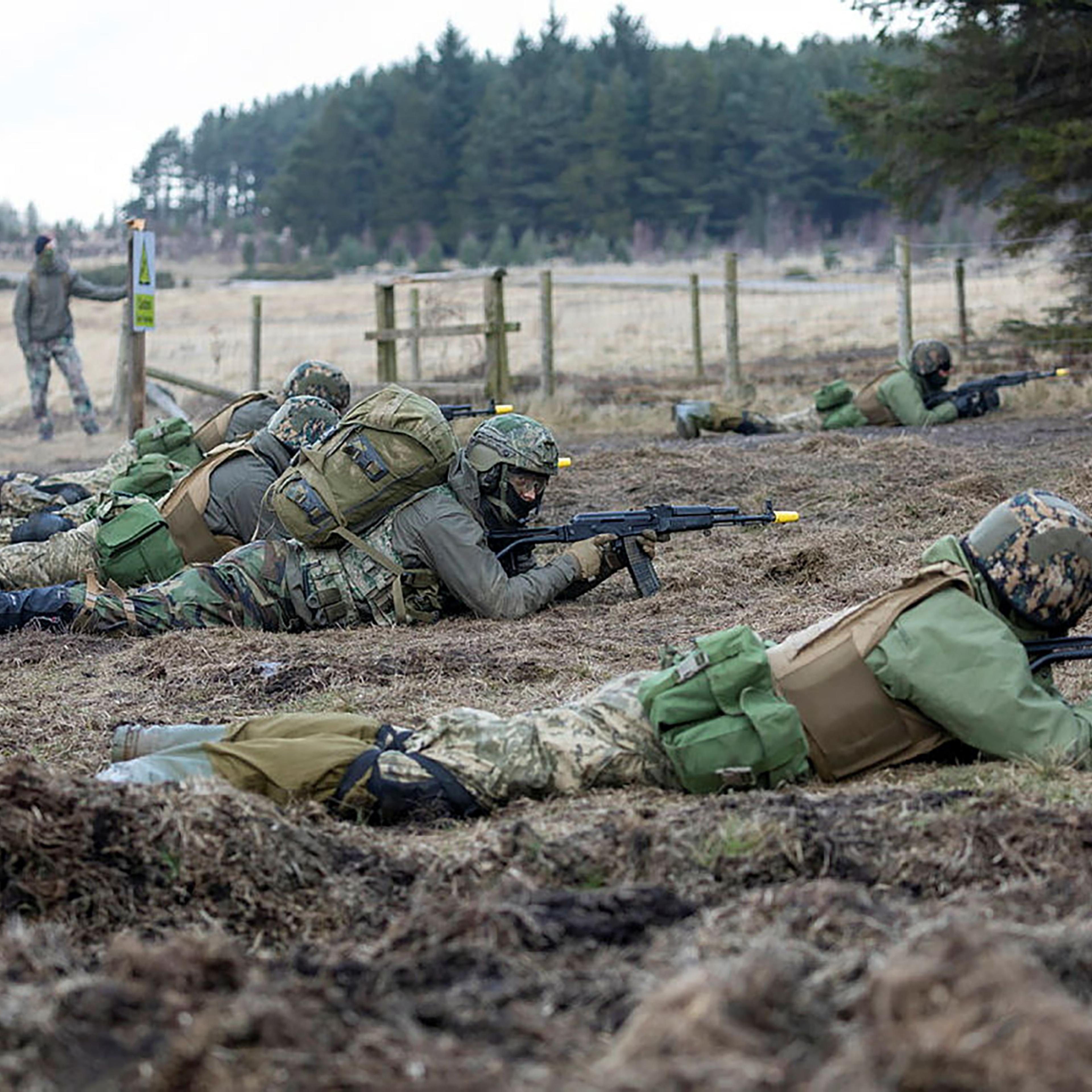 Ukrainian volunteers being trained in the northwest of England by multinational forces on Feb. 15, 2023.