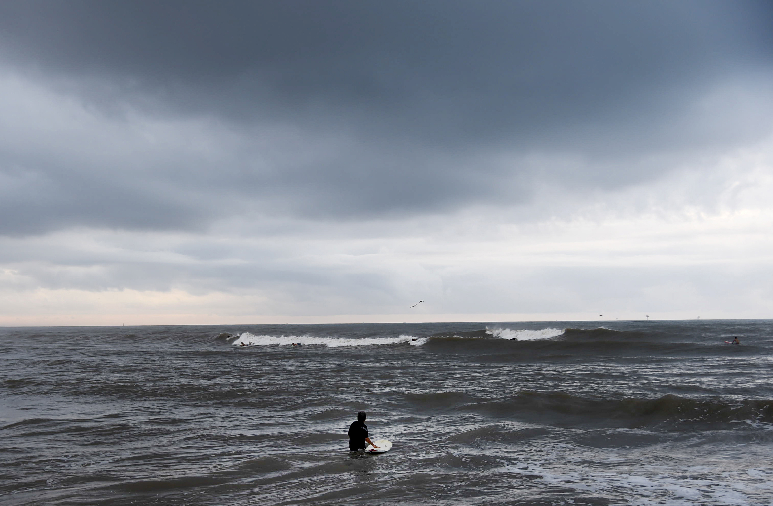 Dark clouds are seen over the ocean at J.P. Luby Park ahead of Hurricane Hanna, Friday, July 24, 2020, in Corpus Christi, Texas.