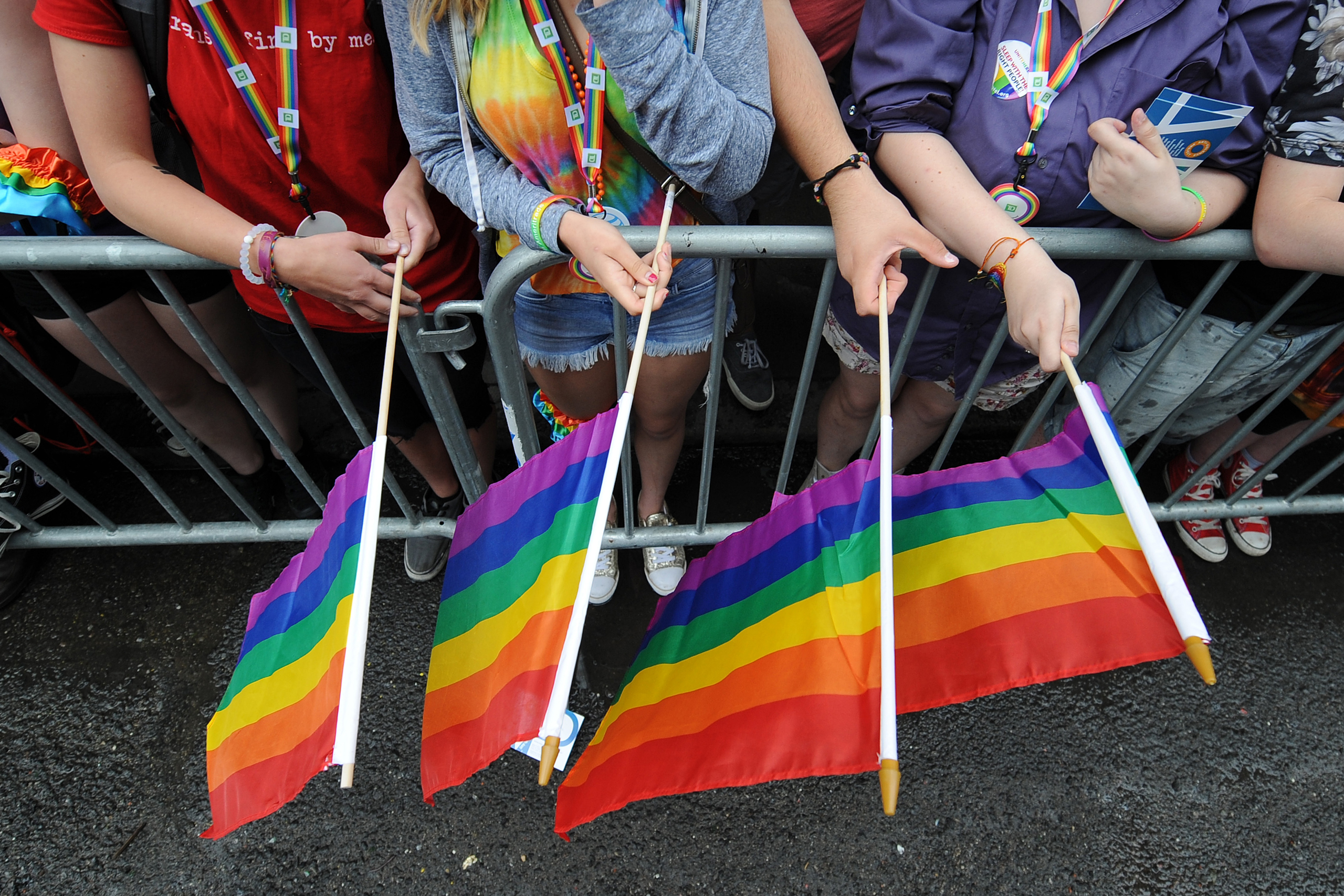 Parade marchers celebrate as they make their way down Fifth Avenue during the 2015 New York City Gay Pride Parade in New York, NY, on June 28, 2015. Two days earlier, on June 26, 2015, the U.S. Supreme Court ruled that same-sex couples have the right to 