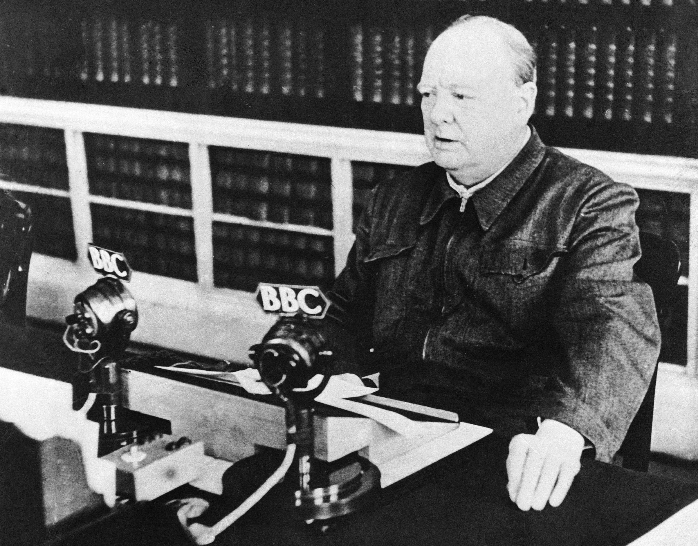 British Prime Minister Winston Churchill delivering his first radio broadcast as Prime Minister on May 13, 1940. 