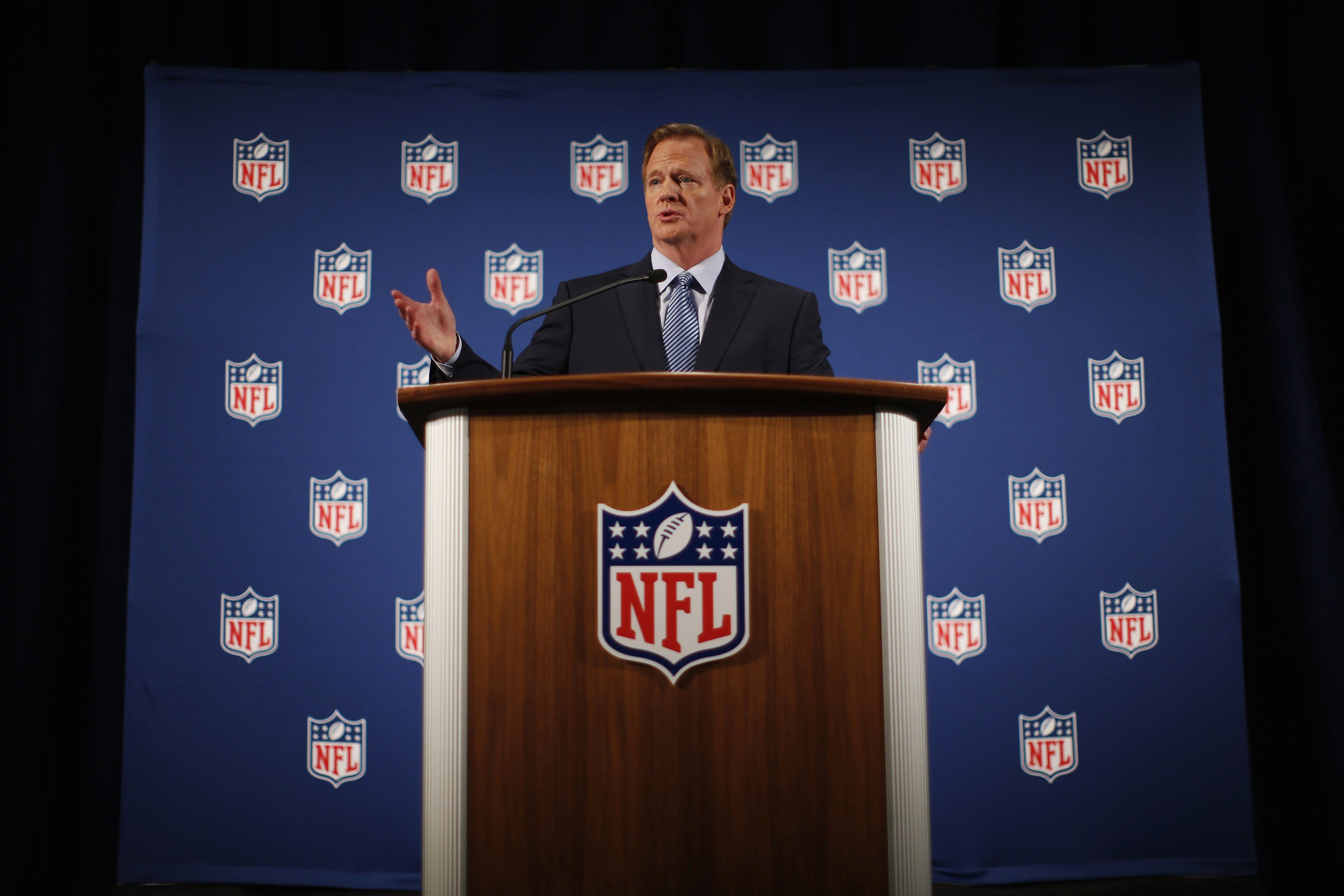 National Football League Commissioner Roger Goodell speaks at a news conference to address domestic violence issues and the NFL's Personal Conduct Policy in New York on Sept. 19, 2014.