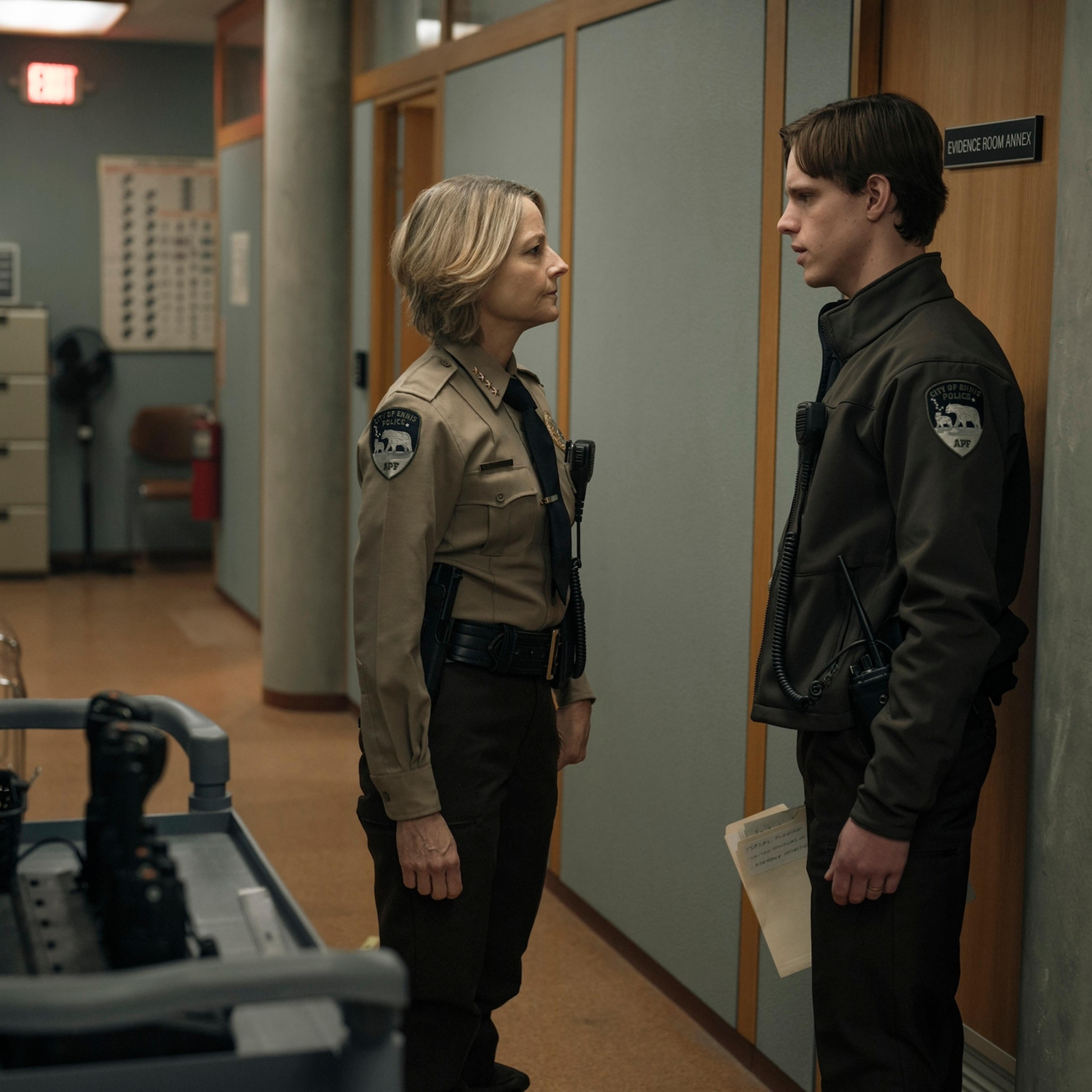 Jodie Foster as Liz Danvers and Finn Bennet as Pete Prior in episode 5 of 'True Detective: Night Country'