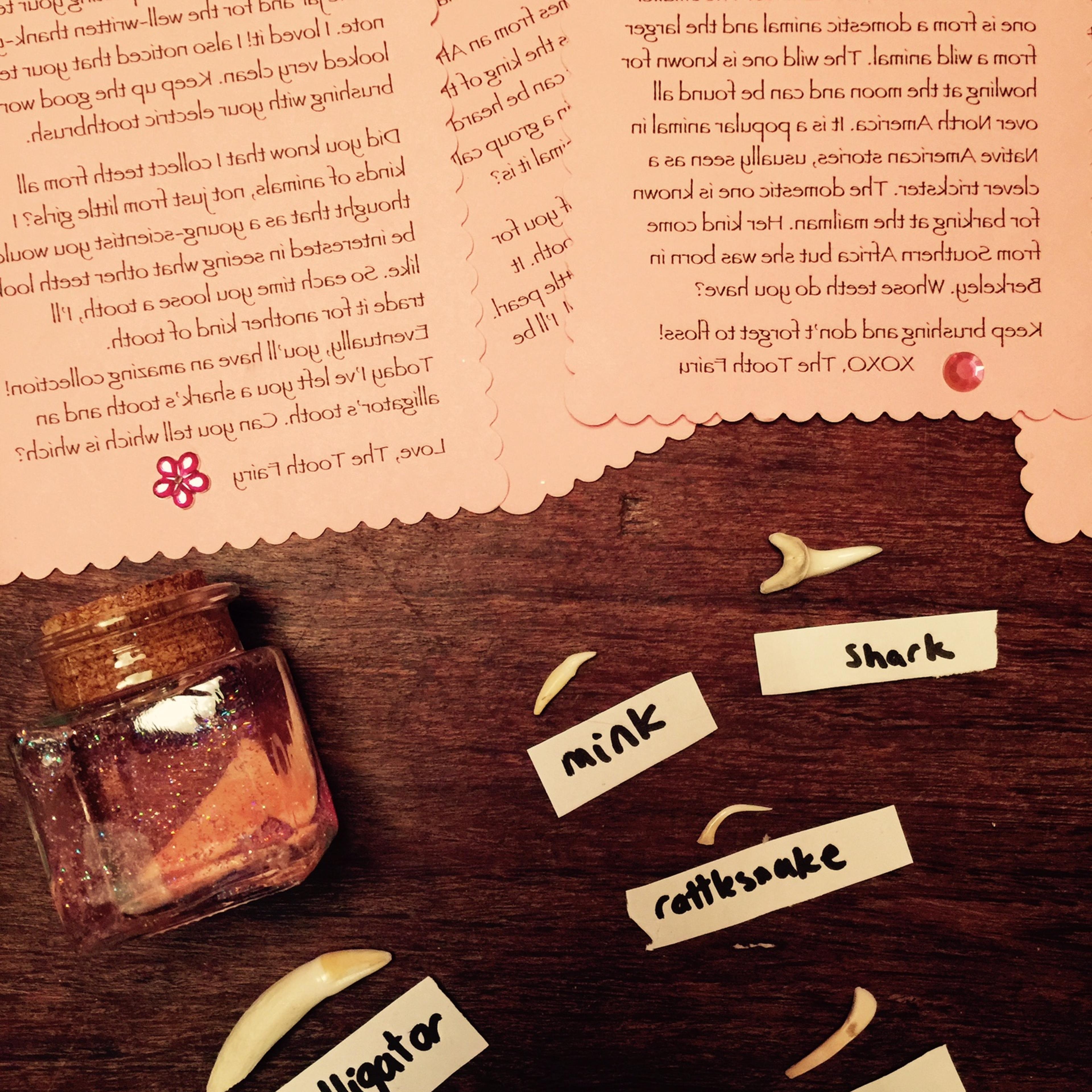 Alt fairy: a collection of animal teeth and a special message.
