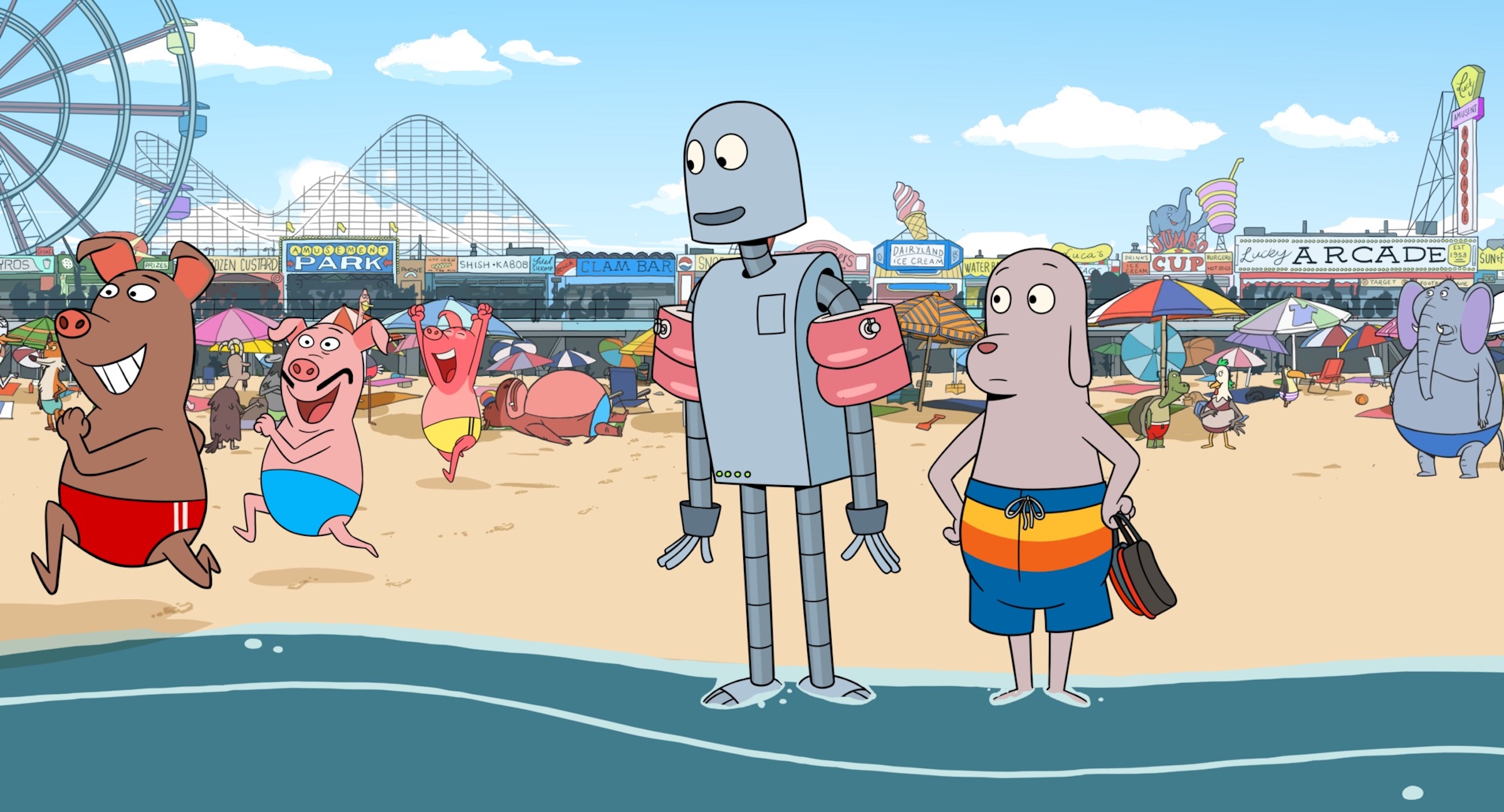 Robot and Dog at the beach, a dangerous place for a being made of nuts and bolts