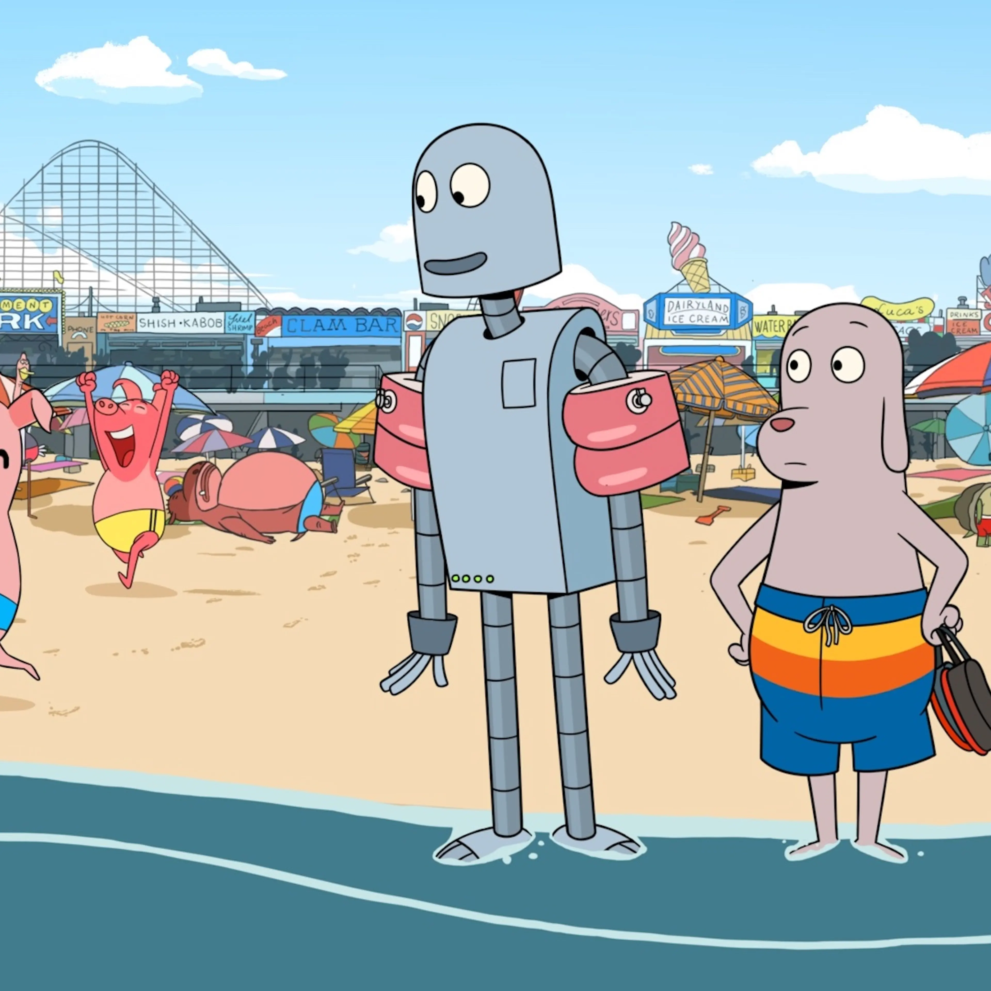 Robot and Dog at the beach, a dangerous place for a being made of nuts and bolts