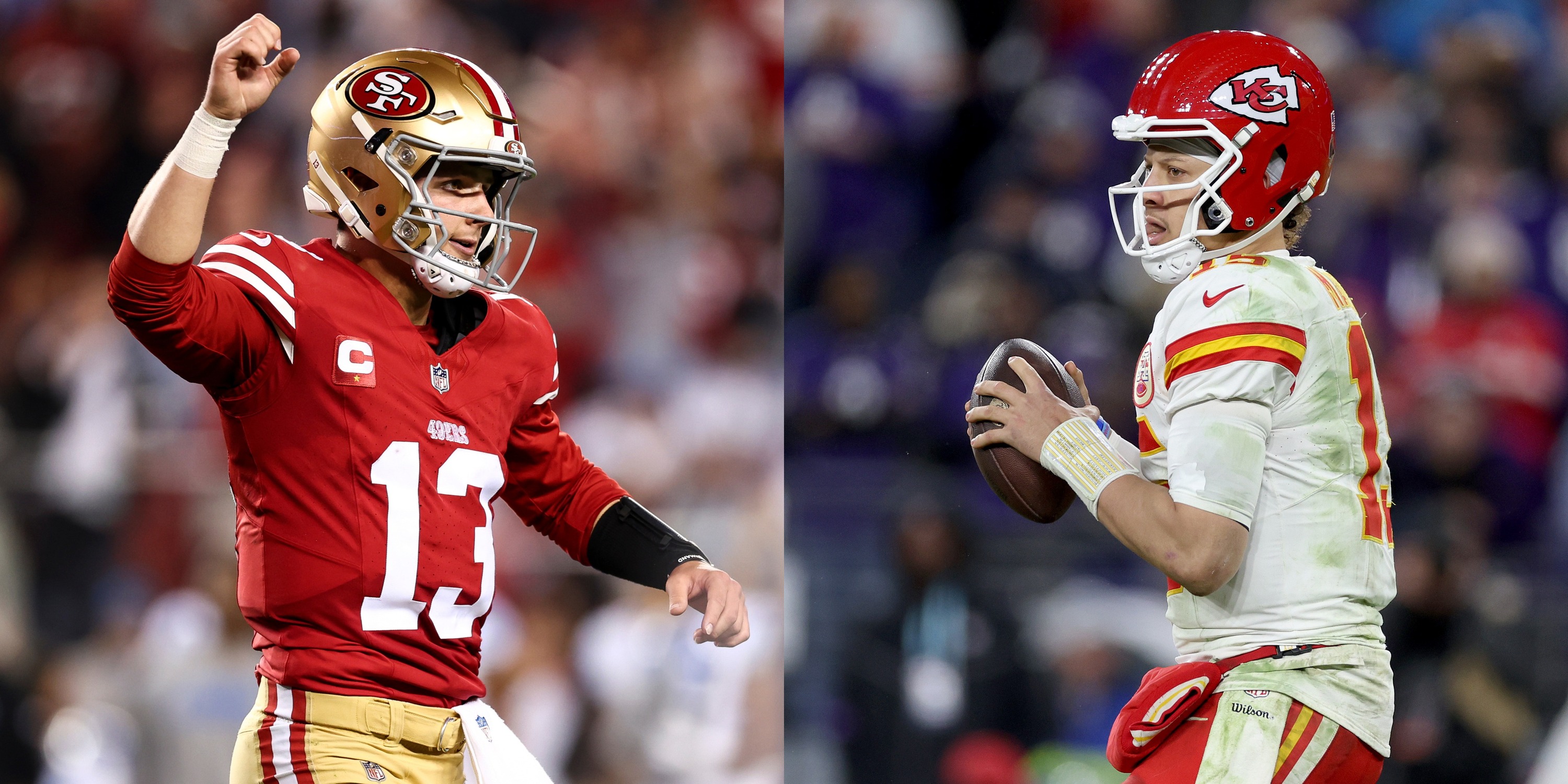 San Francisco 49ers quarterback Brock Purdy (left) celebrates after a touchdown against the Detroit Lions in the NFC championship game in San Francisco on Jan. 28, 2024. Kansas City Chiefs quarterback Patrick Mahomes looks to pass during the AFC Champion