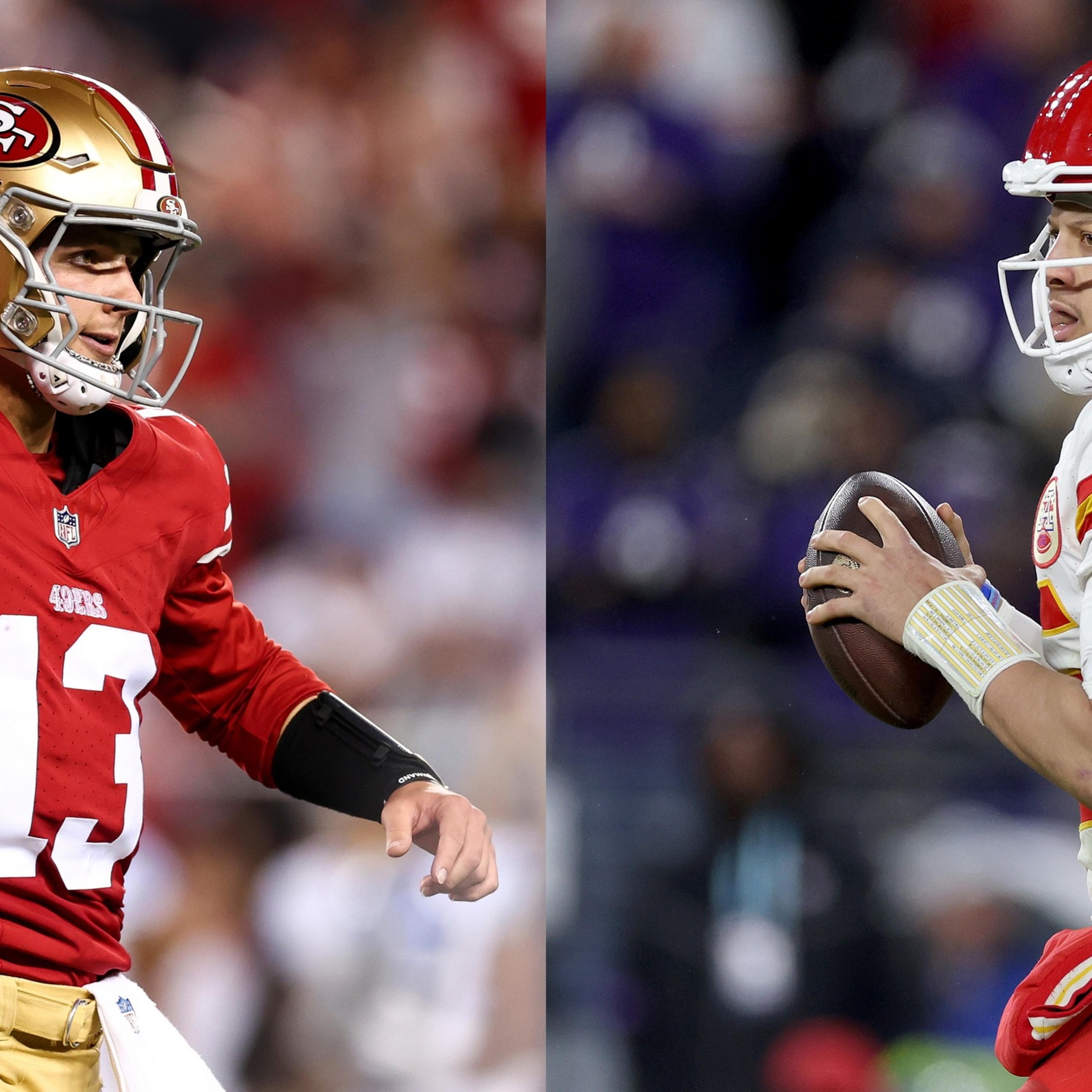 San Francisco 49ers quarterback Brock Purdy (left) celebrates after a touchdown against the Detroit Lions in the NFC championship game in San Francisco on Jan. 28, 2024. Kansas City Chiefs quarterback Patrick Mahomes looks to pass during the AFC Champion