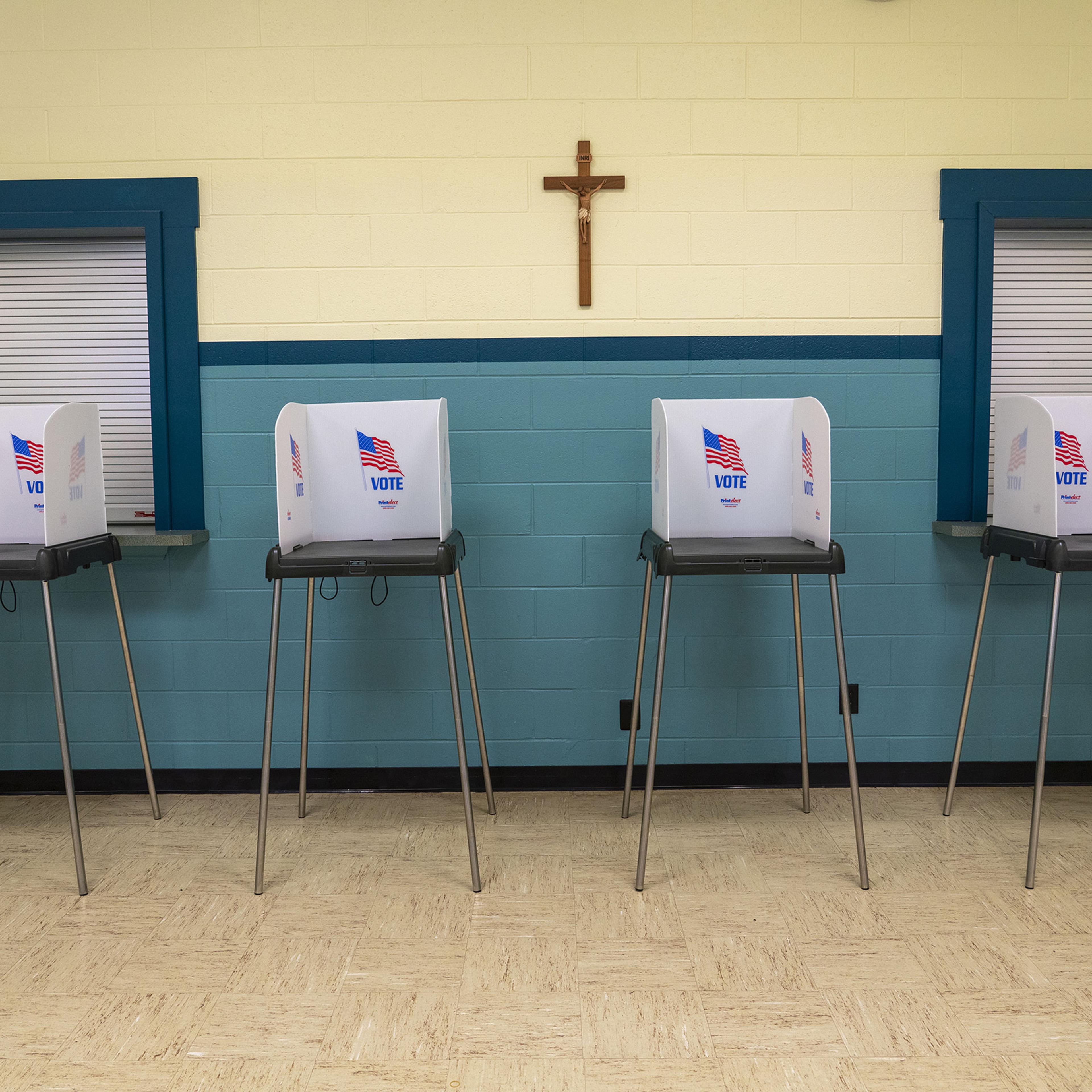 A polling station sits empty at a church in West Milton, Ohio, on March 16, 2020.