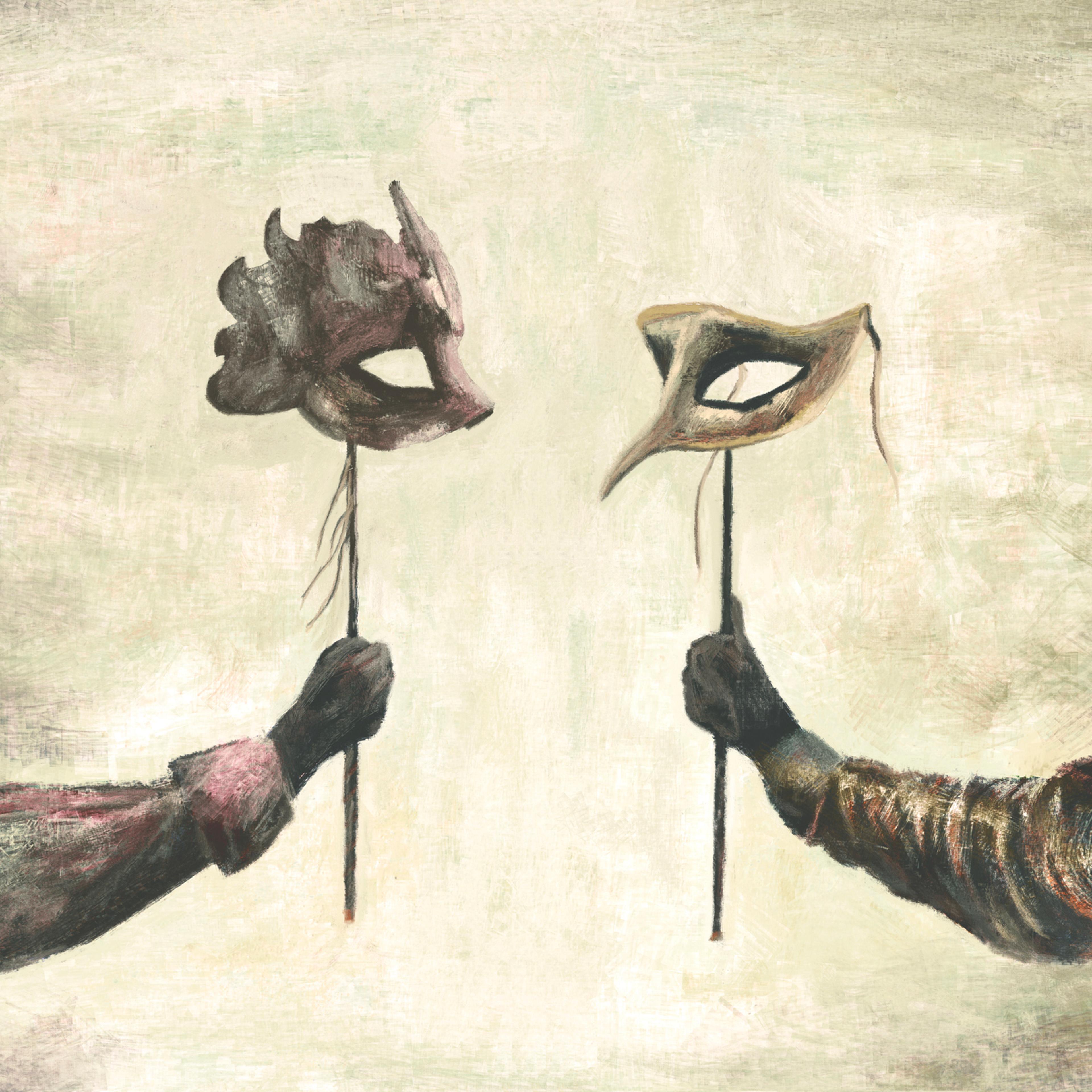 Illustration of mysterious people talking behind carnival masks, surreal abstract concept