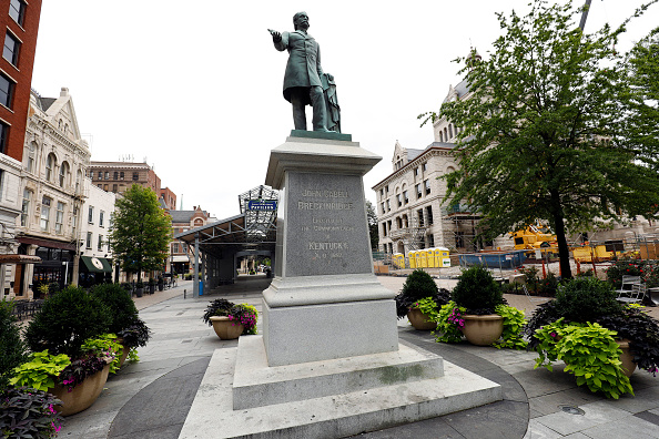 A monument to John C. Breckinridge, the 14th Vice President of the US and a civil war era slave owner, stands in the Pavilion where at one time slaves were sold, ear the old Historic Lexington Courthouse August 14, 2017 in Lexington, Kentucky.