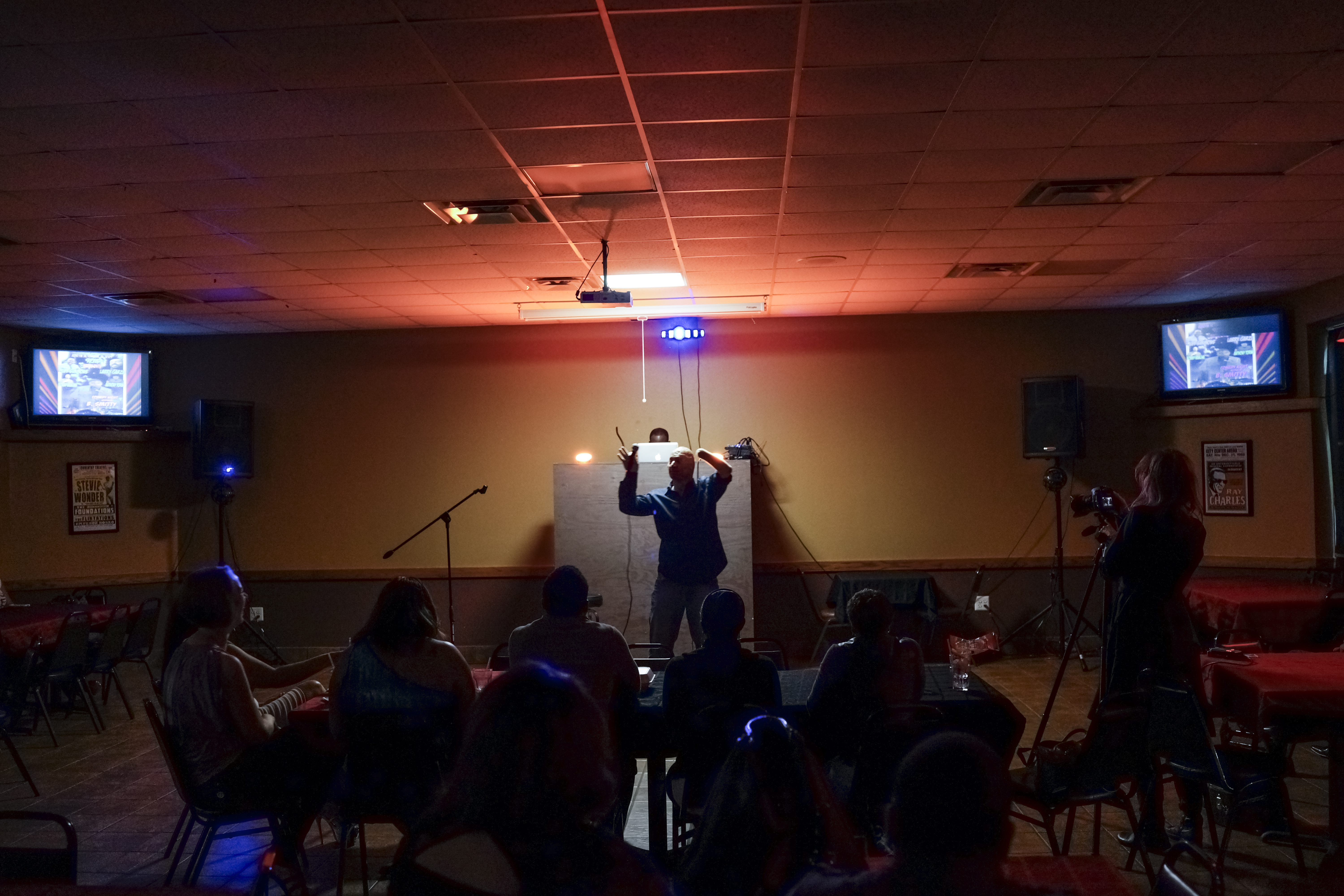 2012.  San Antonio, TX.  USA.  Bobby performs his comedy routine at the Uptown 78 Lounge.   Bobby Henline, 41, veteran of four tours to Iraq and sole survivor of an IED blast that killed the other four soldiers in his humvee in Iraq in 2007.  He is now a