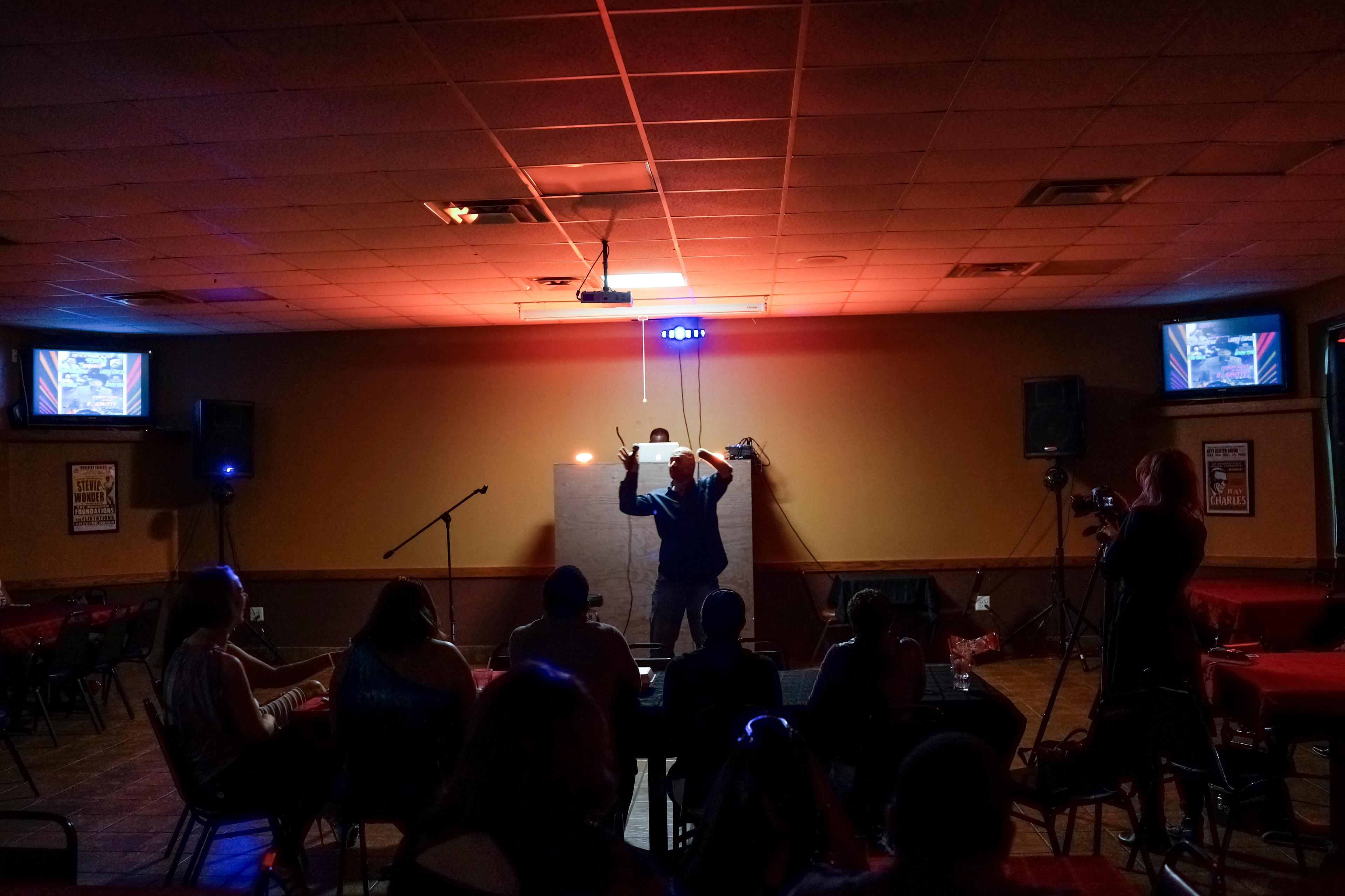 2012. San Antonio, TX. USA. Bobby performs his comedy routine at the Uptown 78 Lounge. Bobby Henline, 41, veteran of four tours to Iraq and sole survivor of an IED blast that killed the other four soldiers in his humvee in Iraq in 2007. He is now a