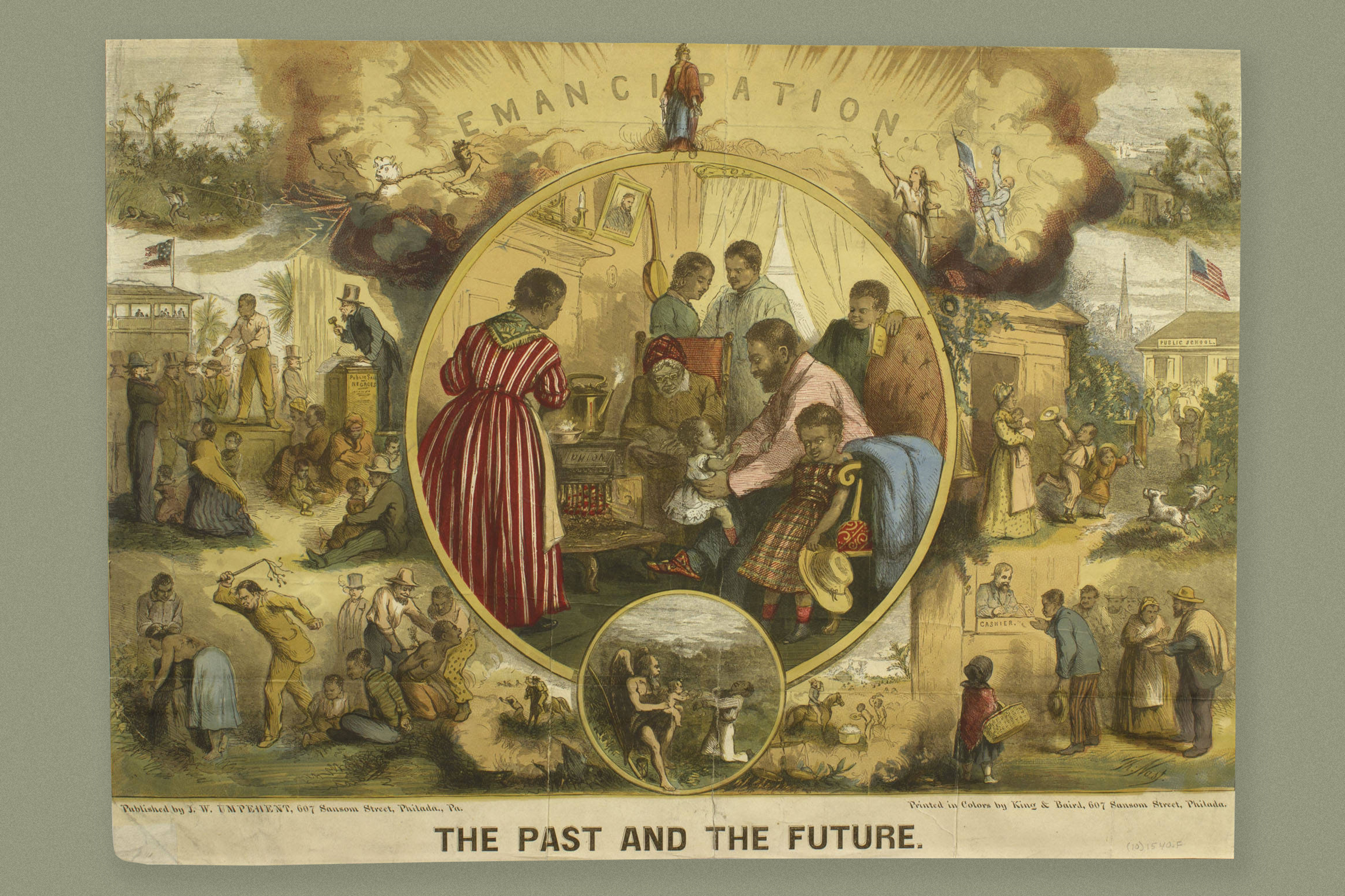 Emancipation print from 1863 depicting a series of scenes contrasting African American life before and after slavery.
