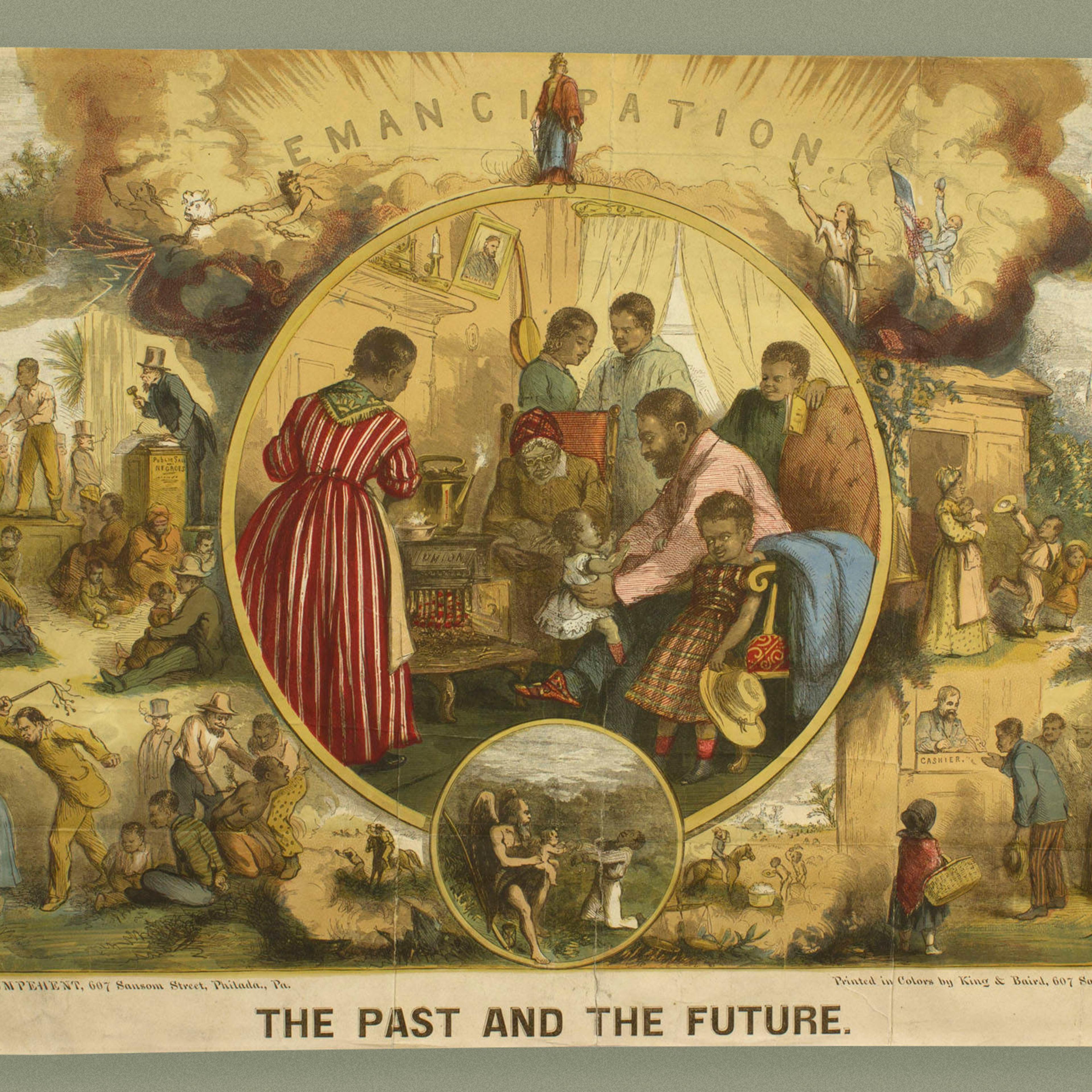Emancipation print from 1863 depicting a series of scenes contrasting African American life before and after slavery.
